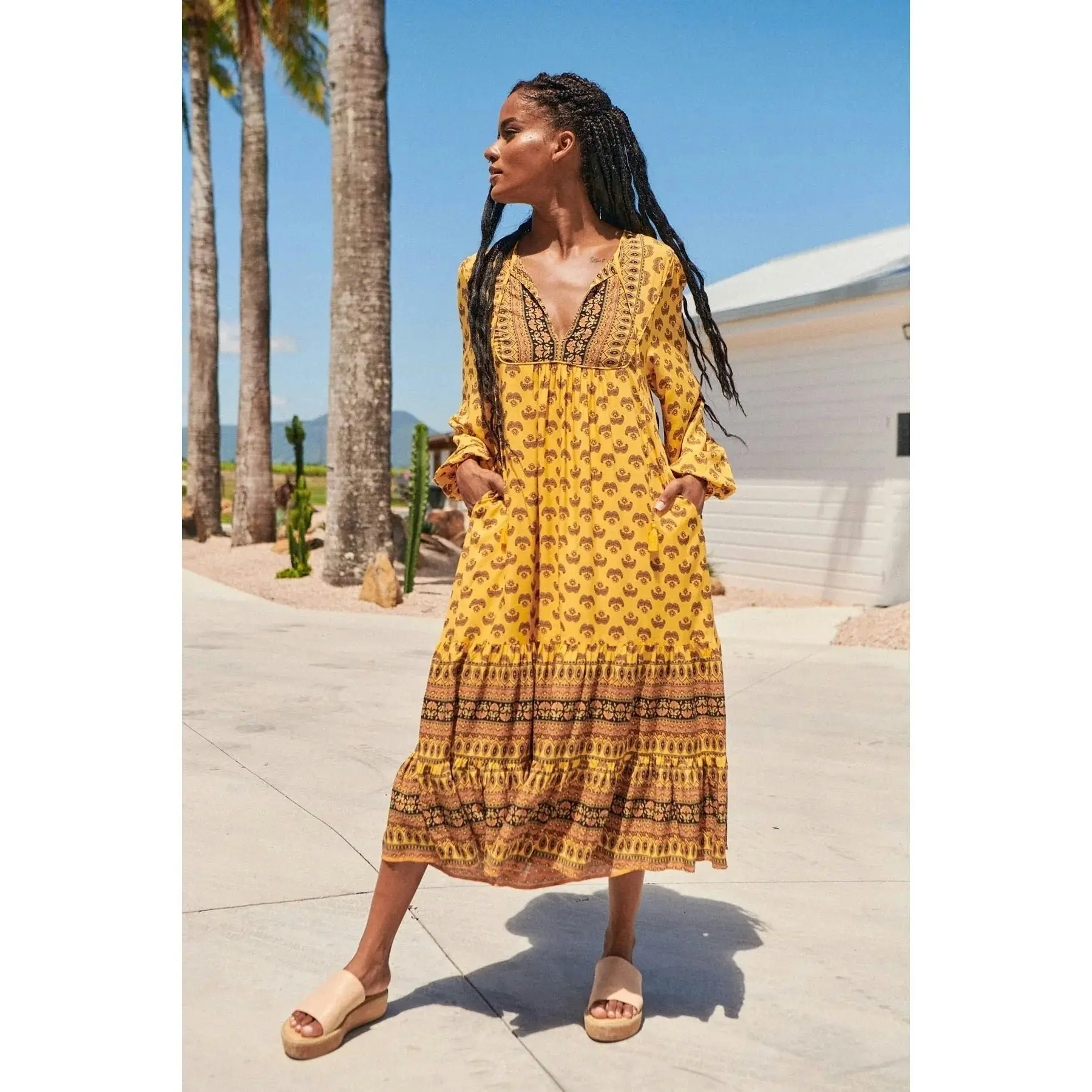 Jaase Womens Sun Beam Print Liliana Midi Dress - Mustard Yellow