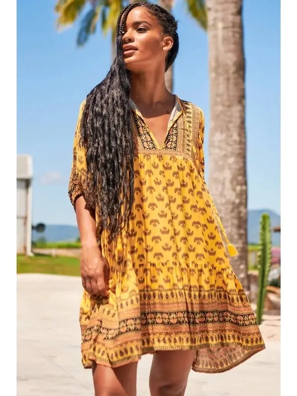 Jaase Sun Beam Print Alice Mini Dress - Mustard Yellow