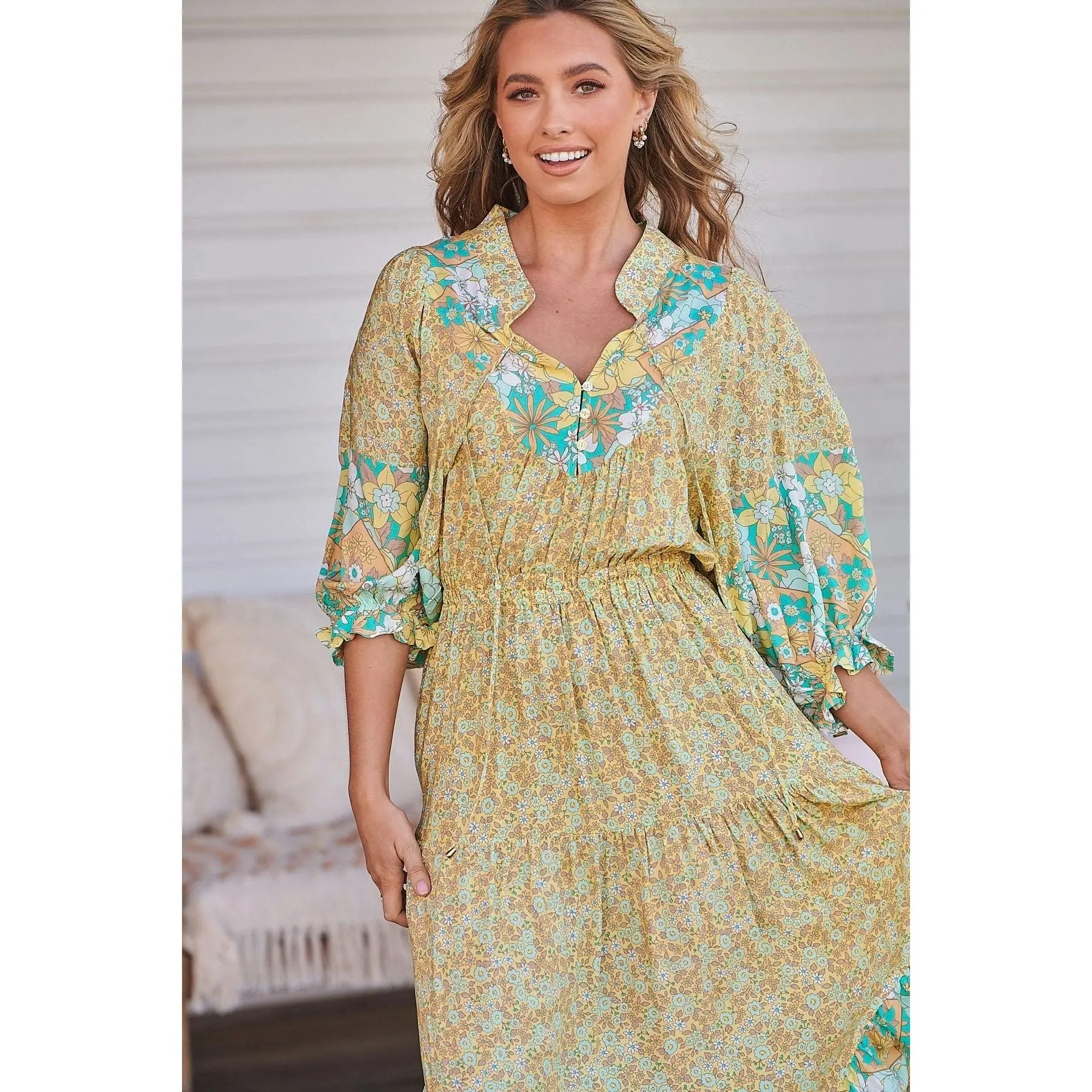 Jaase Womens Pompeii Citrus Print Jasmine Midi Dress - Yellow