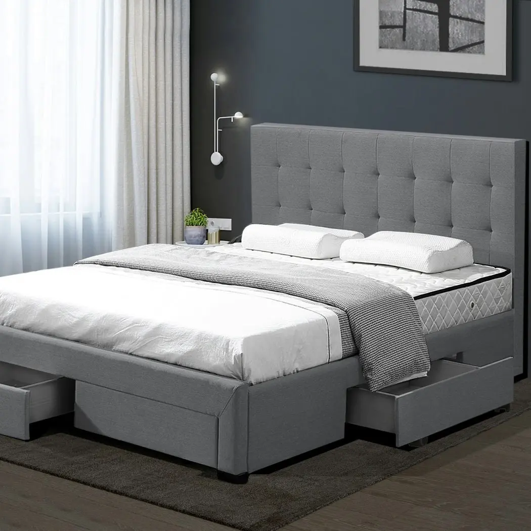 Levede Fabric Bed Frame Double Tufted 4 Drawers Storage Wooden Mattress Grey