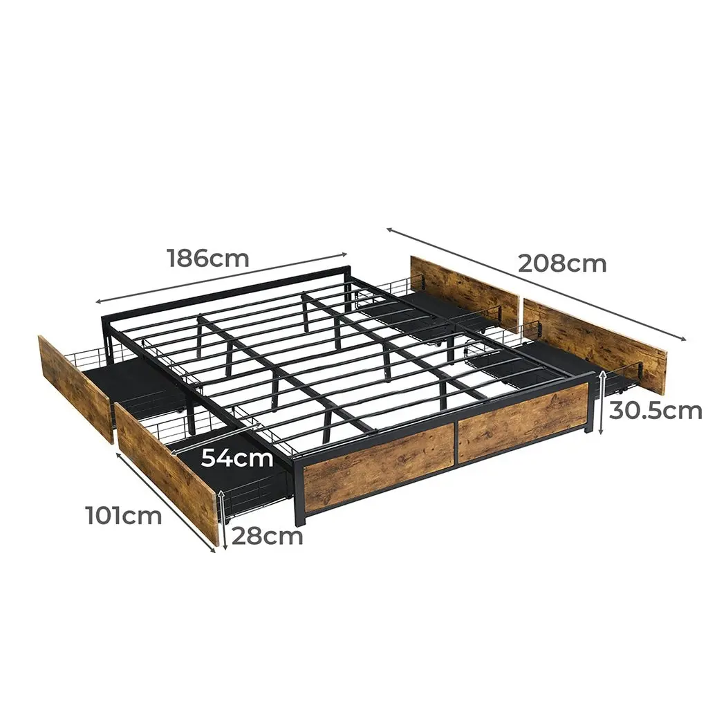 Levede Metal Bed Frame Mattress Base Platform Wooden 4 Drawers King Rustic