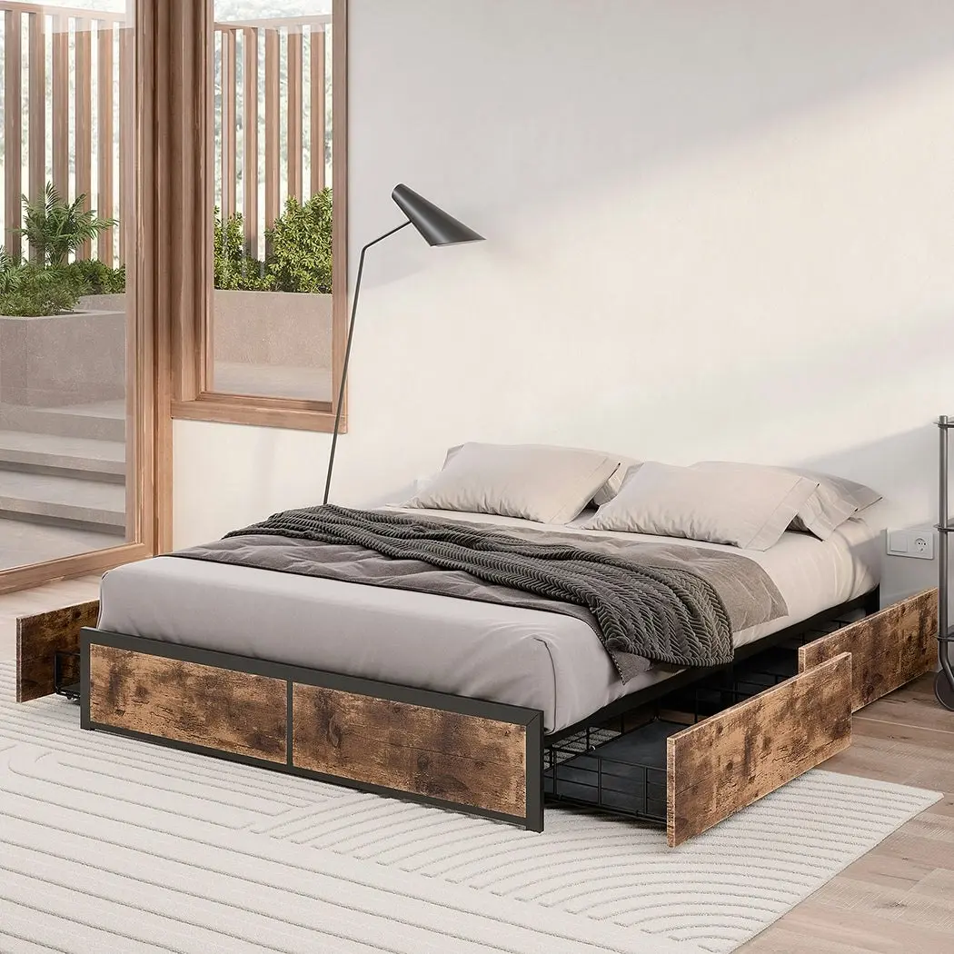 Levede Metal Bed Frame Mattress Base Platform Wooden 4 Drawers King Rustic