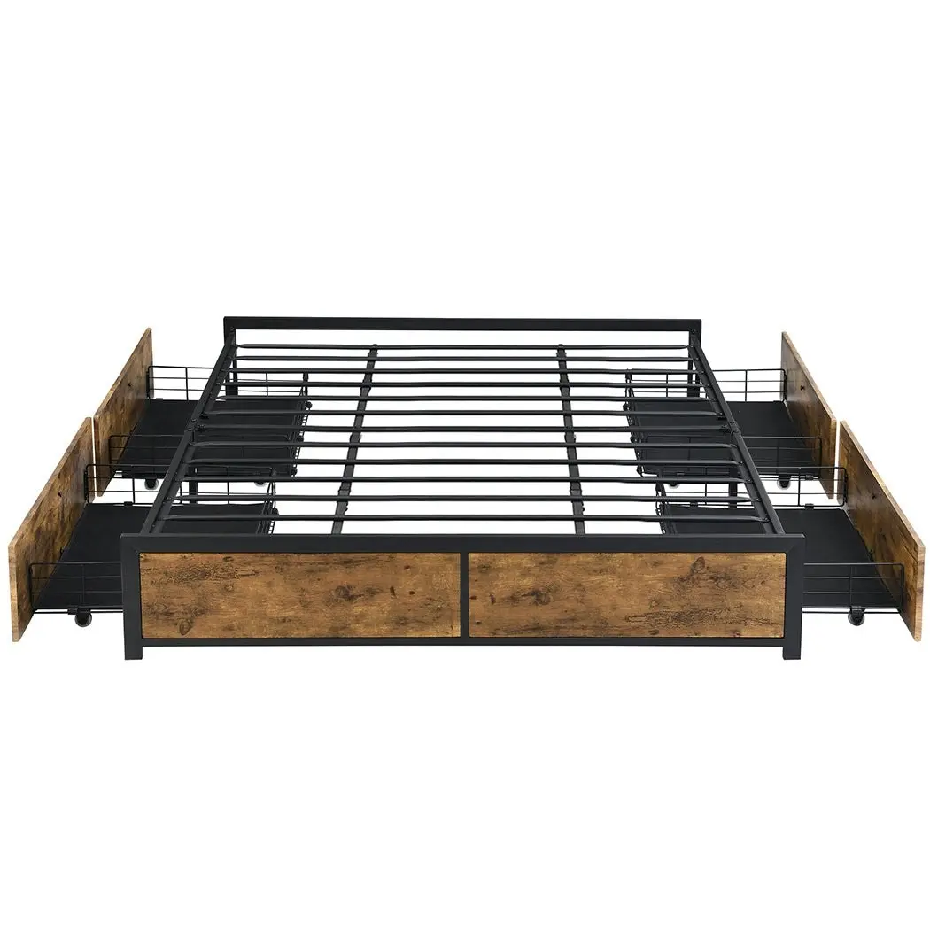 Levede Metal Bed Frame Mattress Base Platform Wooden 4 Drawers King Rustic