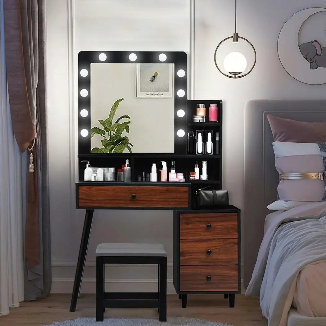 Levede Dressing Table Stool Set Makeup Mirror Vanity Storage Desk LED Bulbs