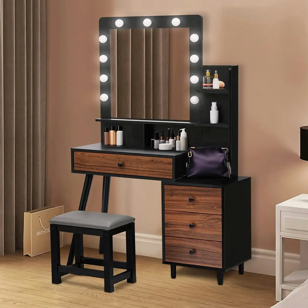 Levede Dressing Table Stool Set Makeup Mirror Vanity Storage Desk LED Bulbs