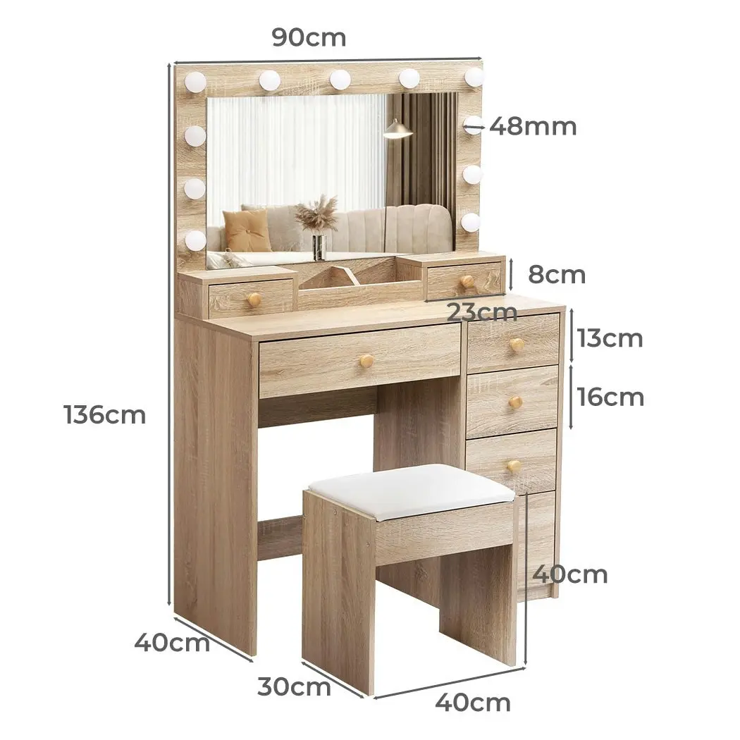 Levede Dressing Table Stool Set 11 Bulbs Makeup Mirror Vanity Desk Cabinet Oak