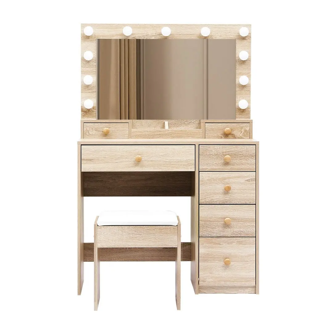 Levede Dressing Table Stool Set 11 Bulbs Makeup Mirror Vanity Desk Cabinet Oak