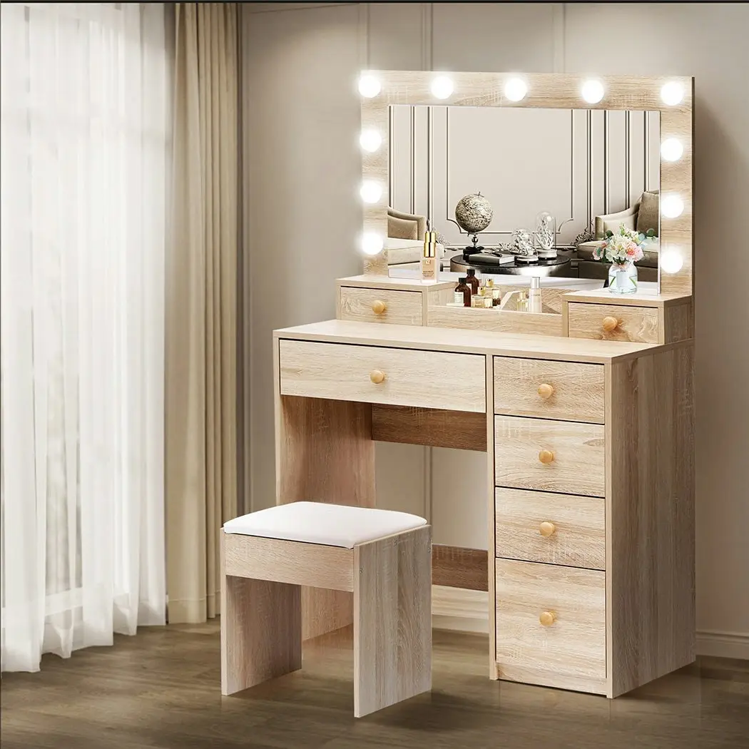 Levede Dressing Table Stool Set 11 Bulbs Makeup Mirror Vanity Desk Cabinet Oak