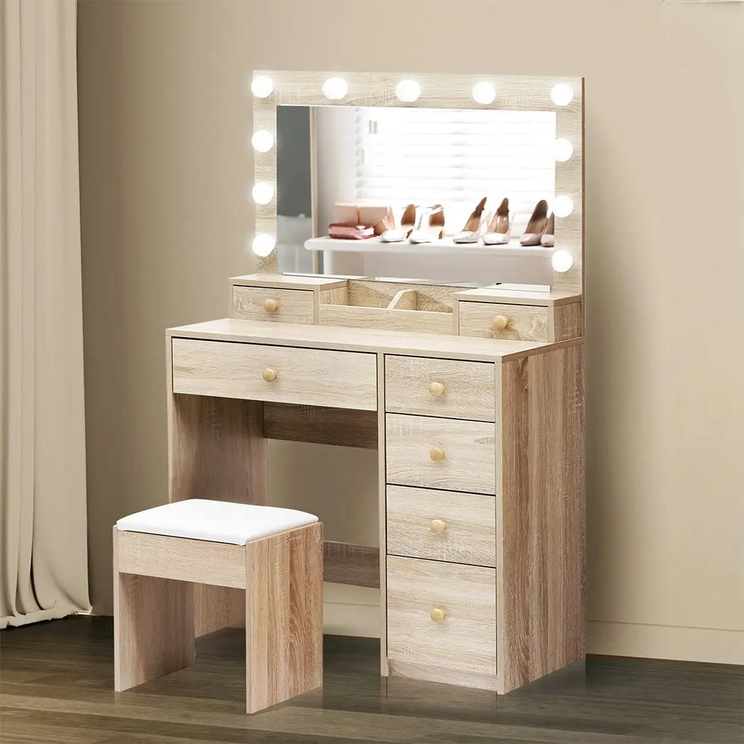 Levede Dressing Table Stool Set 11 Bulbs Makeup Mirror Vanity Desk Cabinet Oak