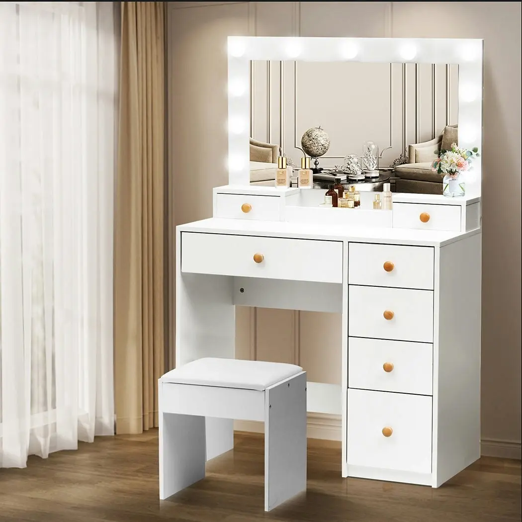 Levede Dressing Table Stool Set 11 Bulbs Makeup Mirror Vanity Desk Cabinet White