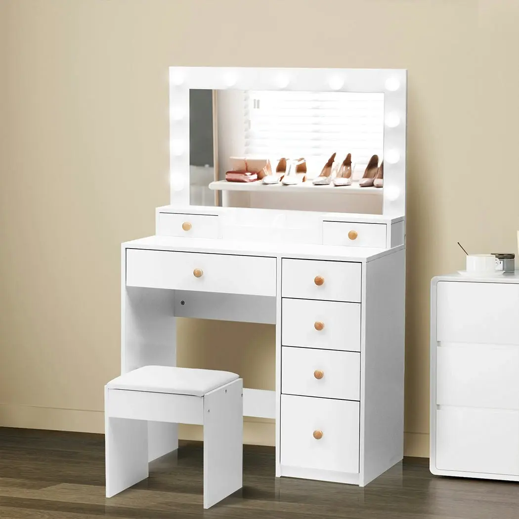 Levede Dressing Table Stool Set 11 Bulbs Makeup Mirror Vanity Desk Cabinet White