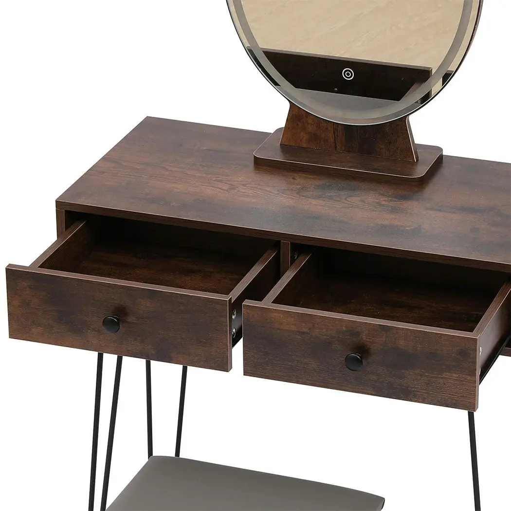 Levede Dressing Table LED Light Strip Makeup Mirror Stool Set Vanity Desk Brown