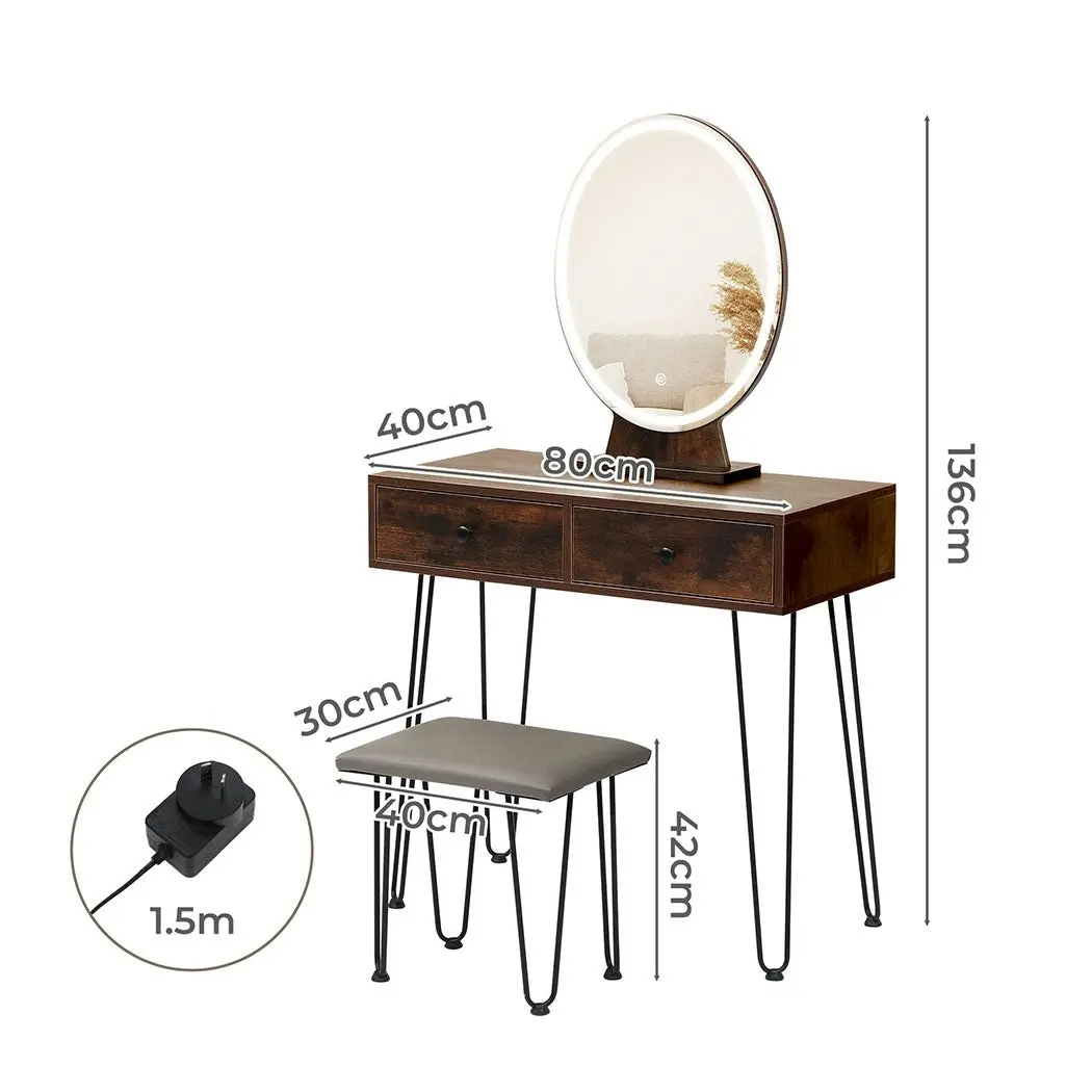 Levede Dressing Table LED Light Strip Makeup Mirror Stool Set Vanity Desk Brown