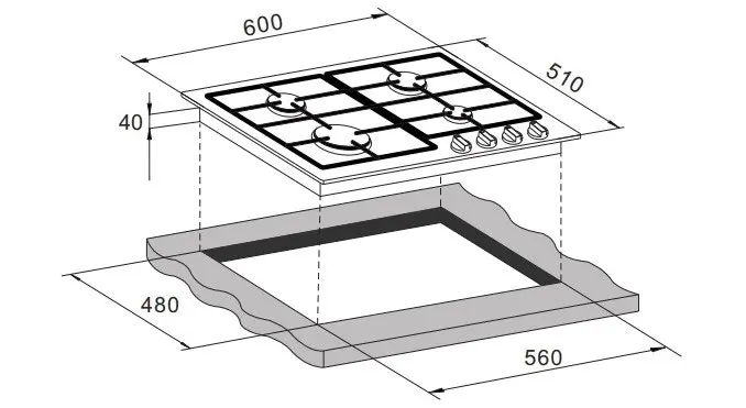 Trinity 60cm 4 Burner Gas Black Glass Cooktop