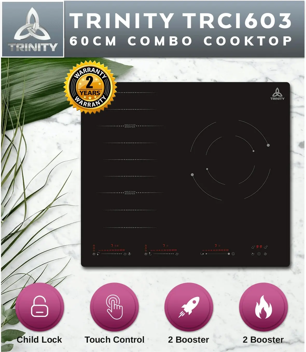 Trinity 60cm Built-in Combo Cooktop 3 Heating Extra Large Zones 2 Induction 1 Ceramic