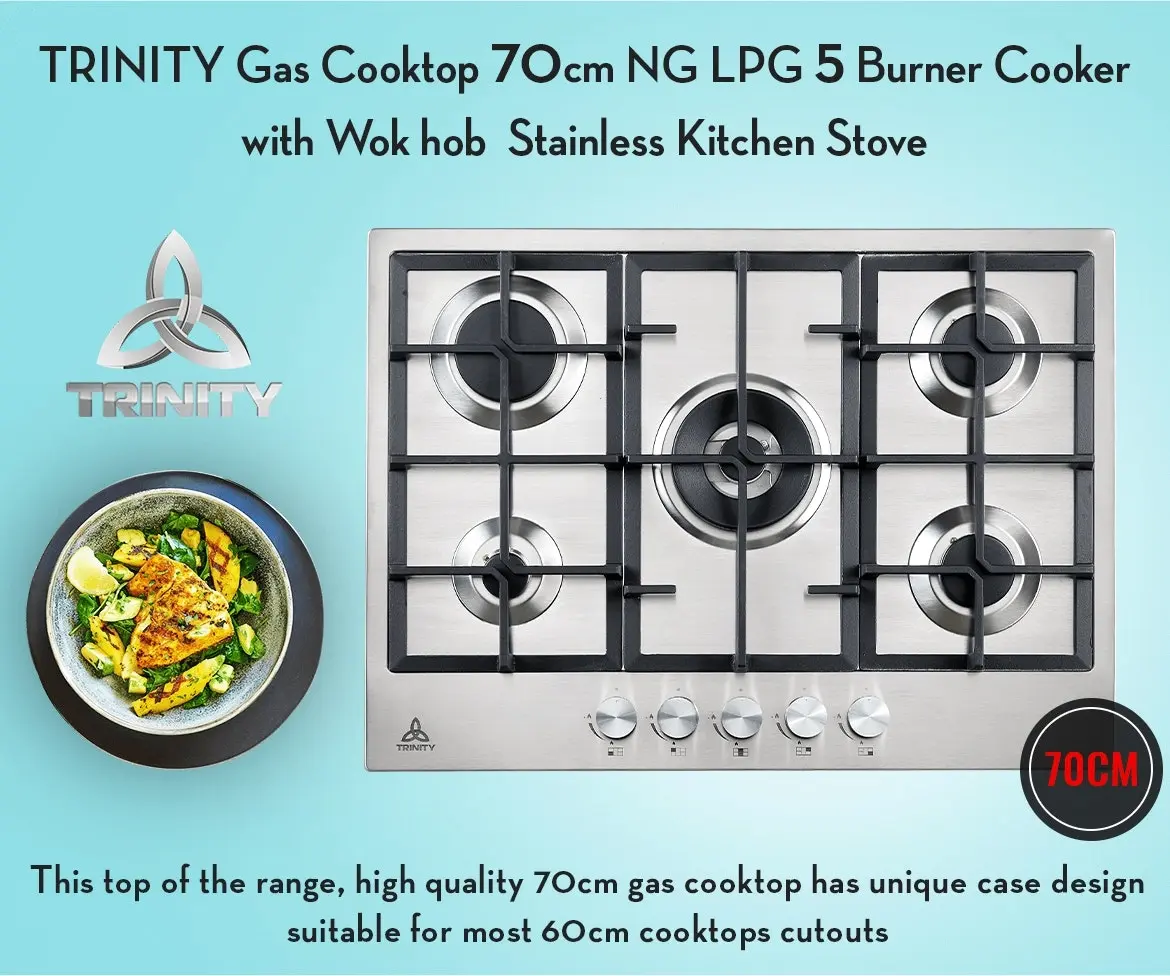 Trinity 70cm Built-in Gas WOK Cooktop 5 Burner Stainless Steel