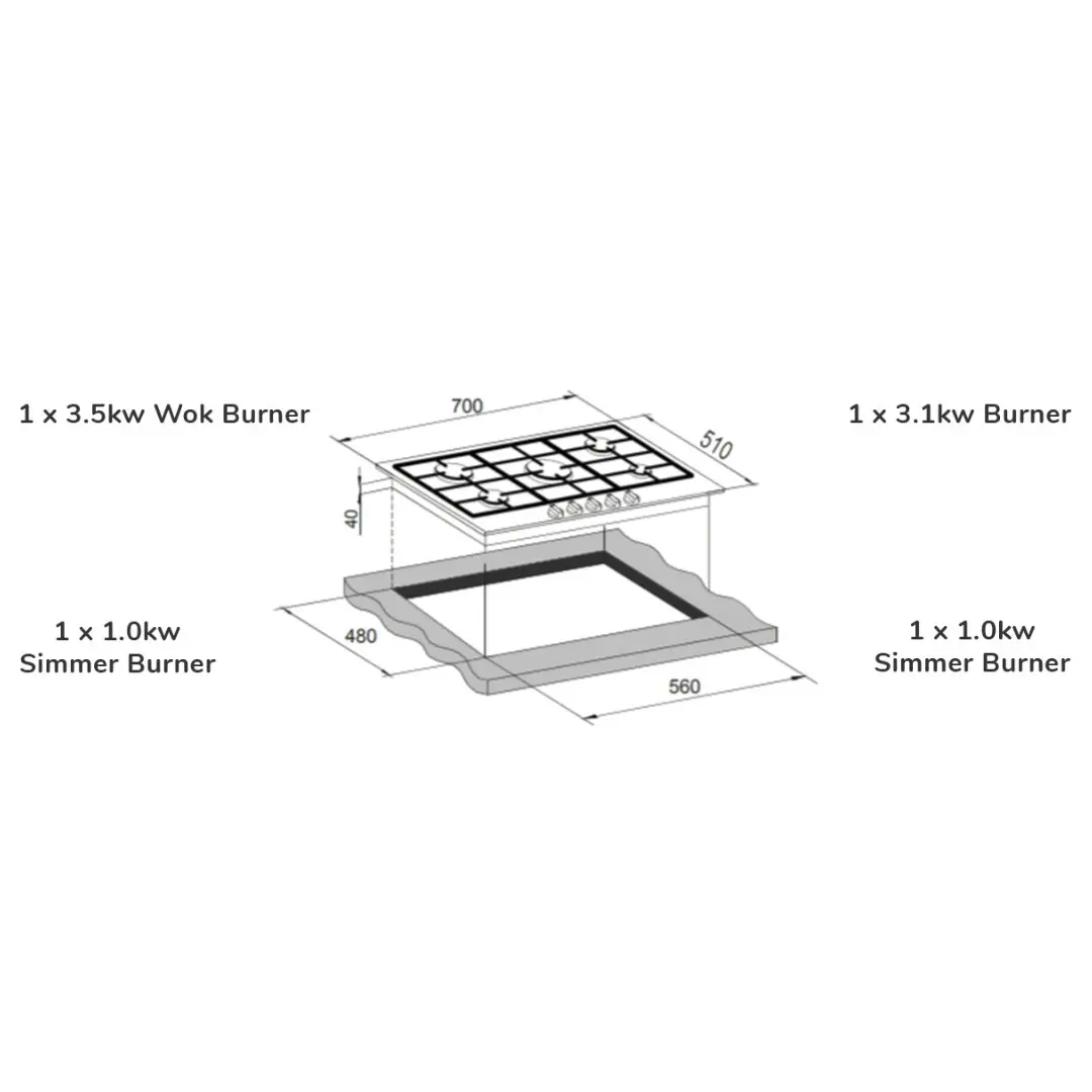 Trinity 70cm Built-in Gas WOK Cooktop 5 Burner Stainless Steel