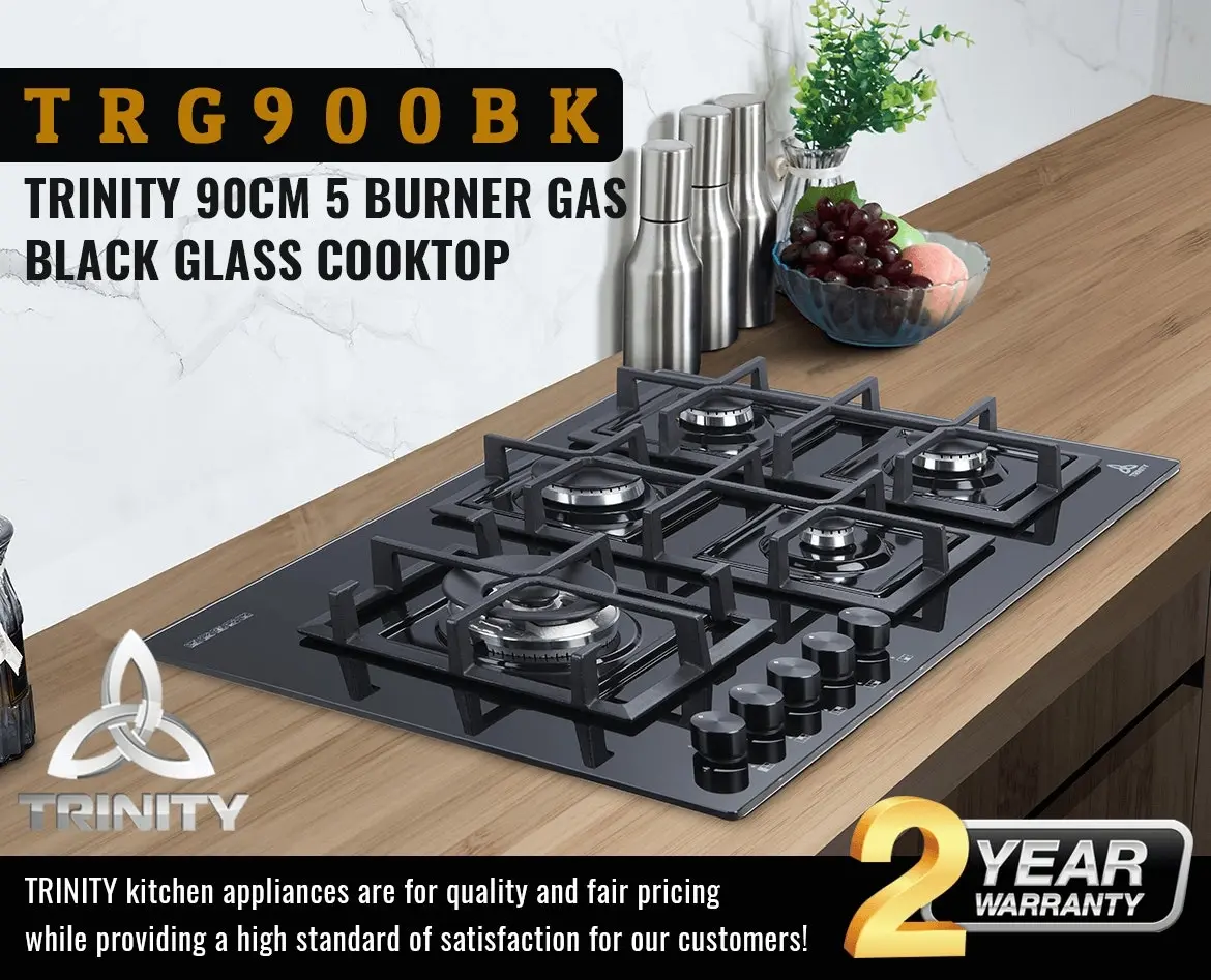 Trinity 90cm Built-in Gas WOK Cooktop 5 Burner Black Glass