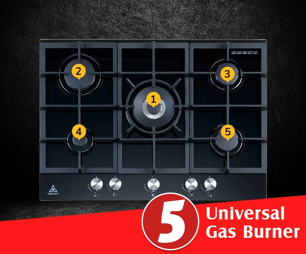 Trinity 70cm Built-in Gas WOK Cooktop 5 Burner Black Glass