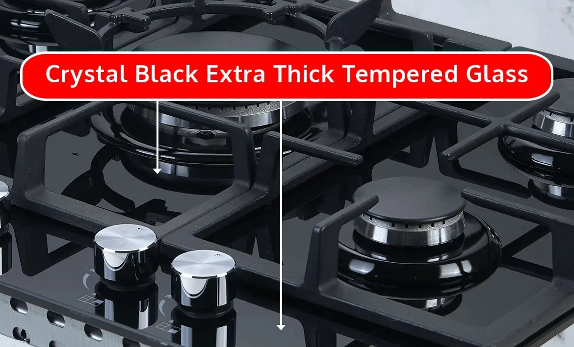 Trinity 70cm Built-in Gas WOK Cooktop 5 Burner Black Glass