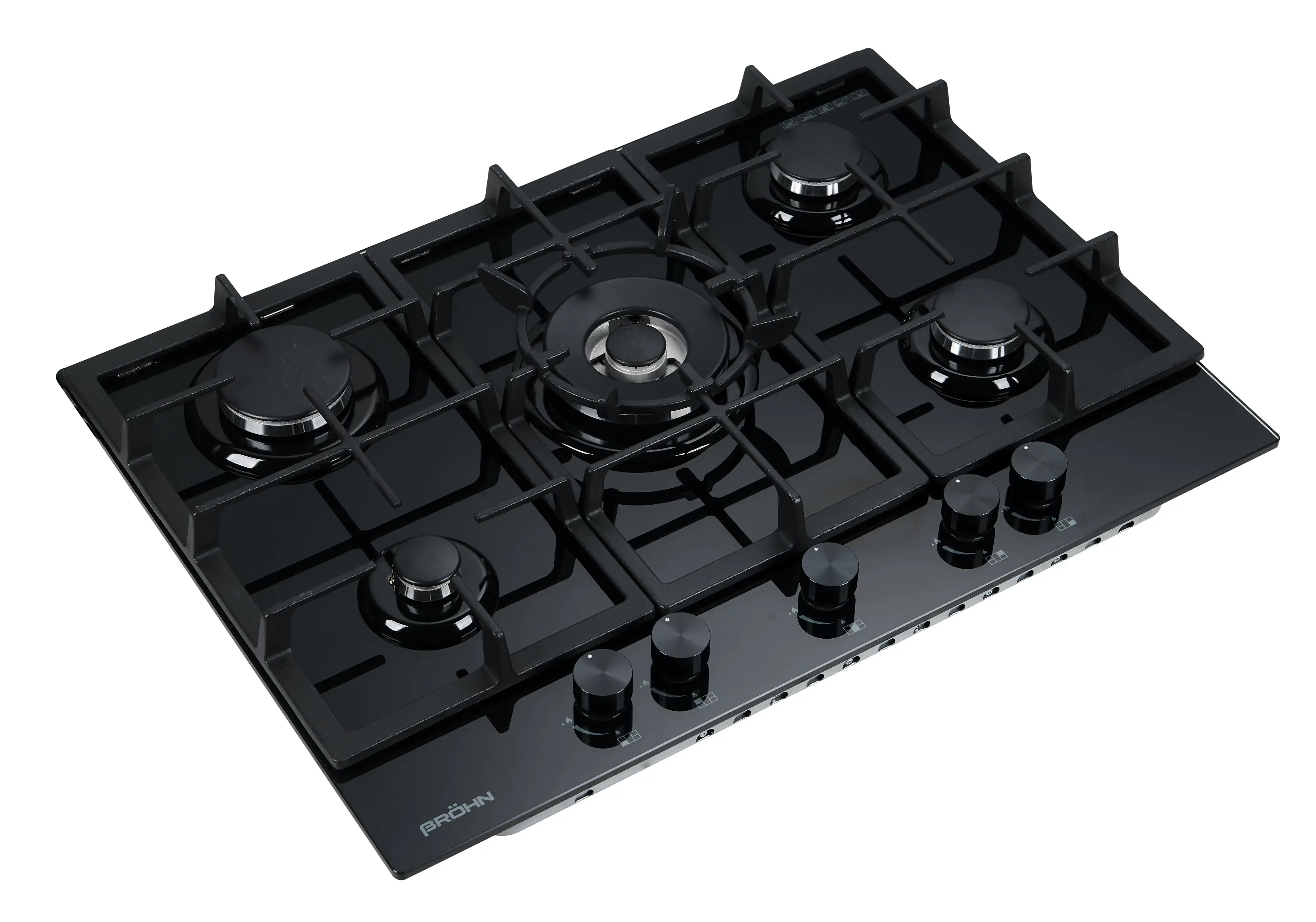 Brohn 70cm Built-in Gas WOK Cooktop 5 Burner Black Glass