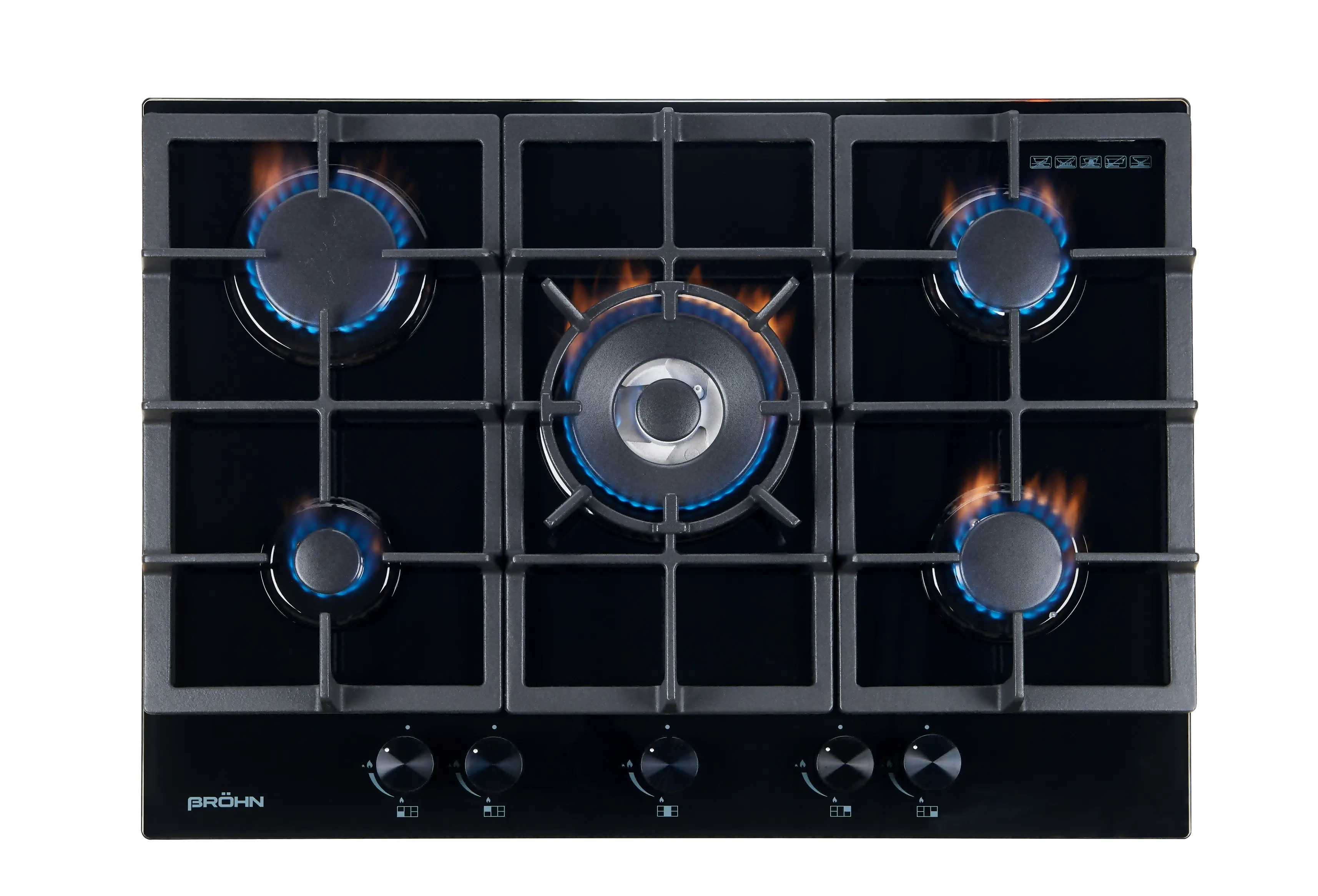 Brohn 70cm Built-in Gas WOK Cooktop 5 Burner Black Glass