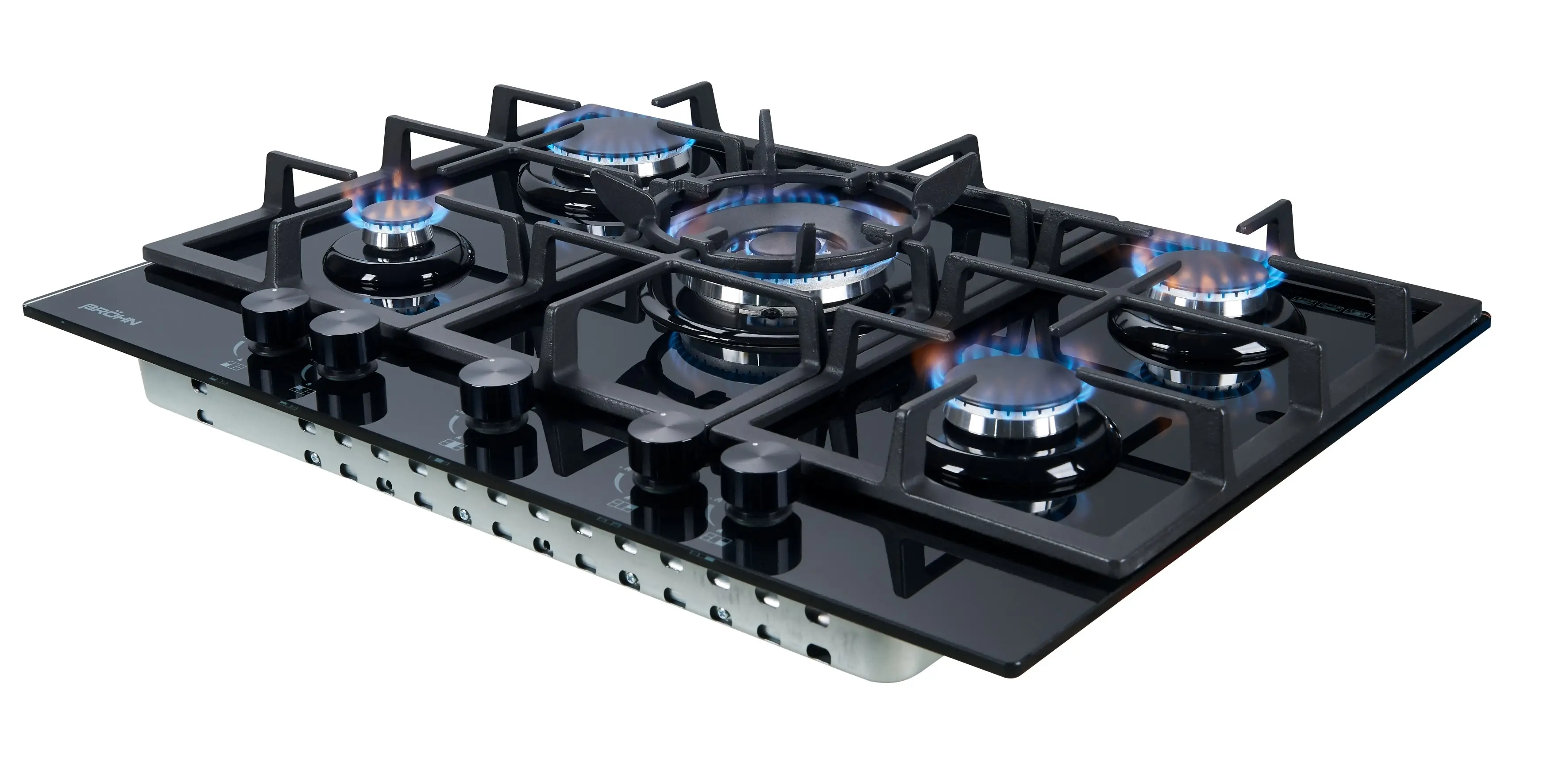 Brohn 70cm Built-in Gas WOK Cooktop 5 Burner Black Glass