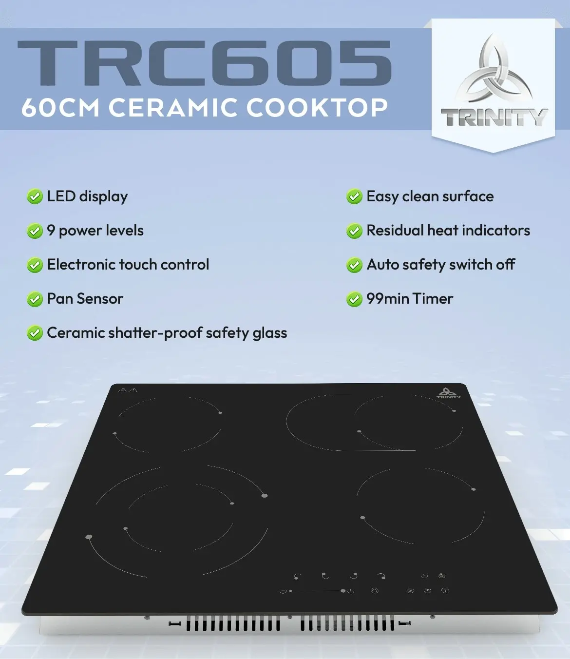 Trinity 60cm Built-in Ceramic Cooktop 5 Heating Zones with Bridged Elements