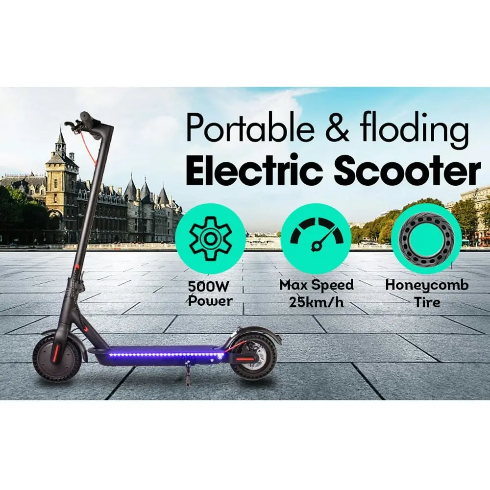 GLIDER M365 Blue LED Strip Electric Scooter Foldable Motorised Scooter Honeycomb Tires With Shock Absorber A11E - Black