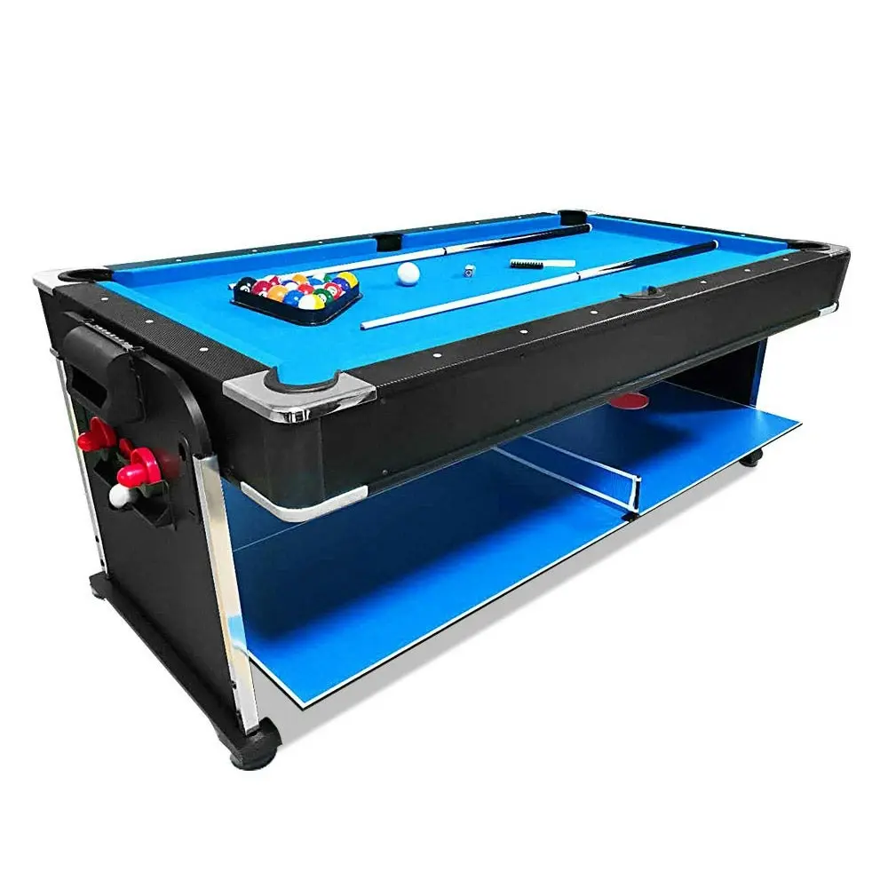 VERSA 7Ft 4-In-1 Convertible Air Hockey / Pool Billiards /Dining Table /Table Tennis Table Blue/Black Felt For Billiard Gaming Room Free Accessory