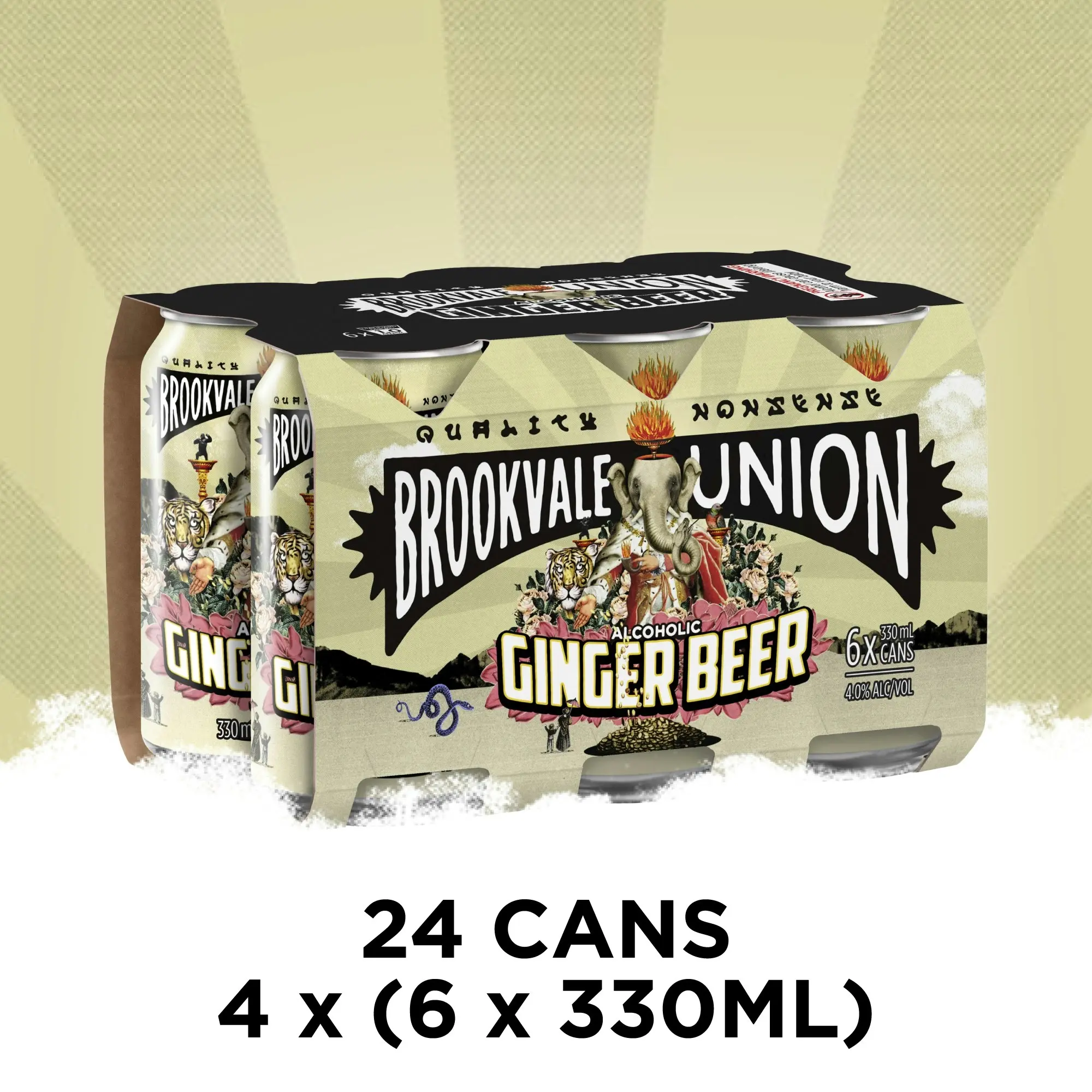 Brookvale Union Alcoholic Ginger Beer, Spicy & Smooth Finish, 4% ABV, 330mL (Case of 24 Cans)