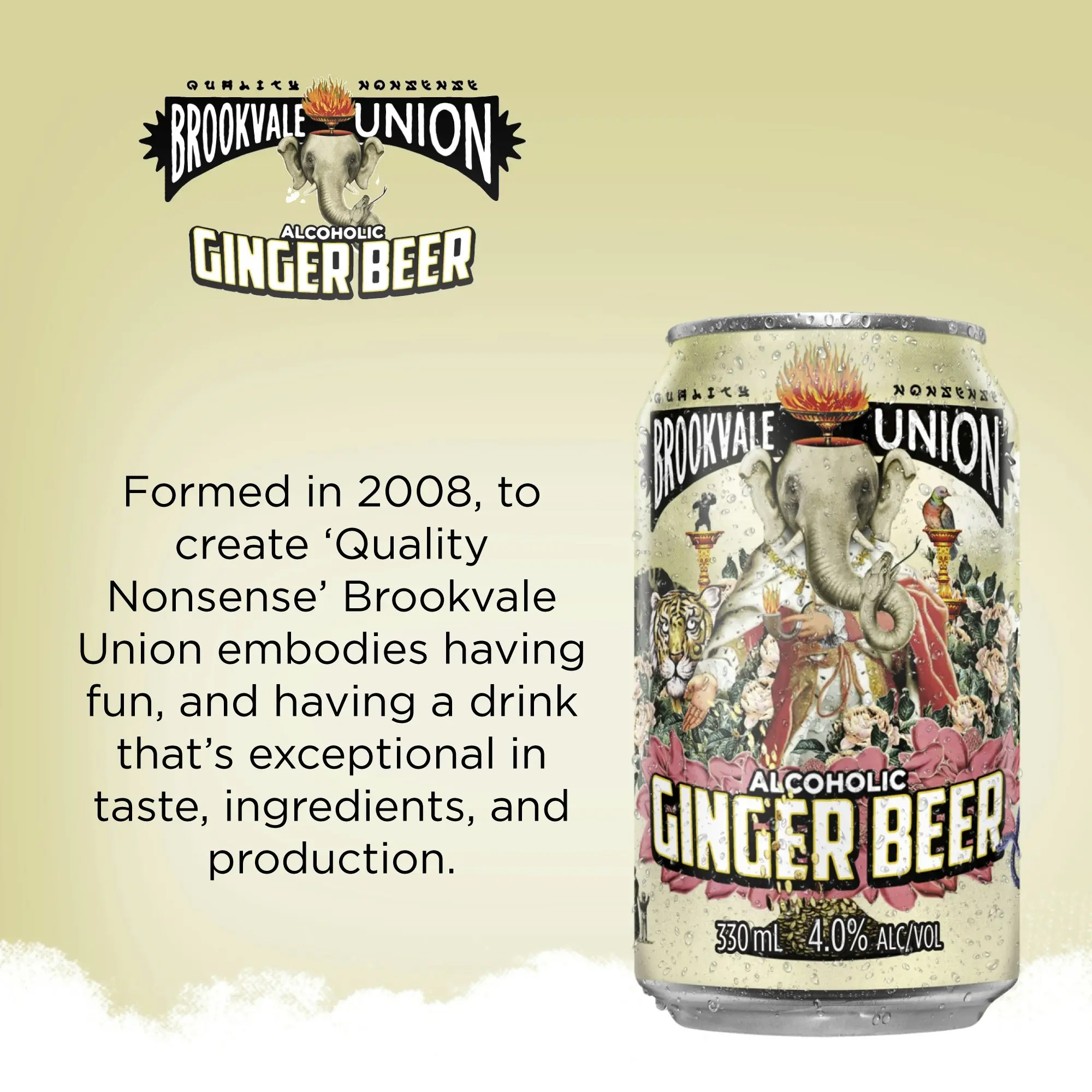 Brookvale Union Alcoholic Ginger Beer, Spicy & Smooth Finish, 4% ABV, 330mL (Case of 24 Cans)