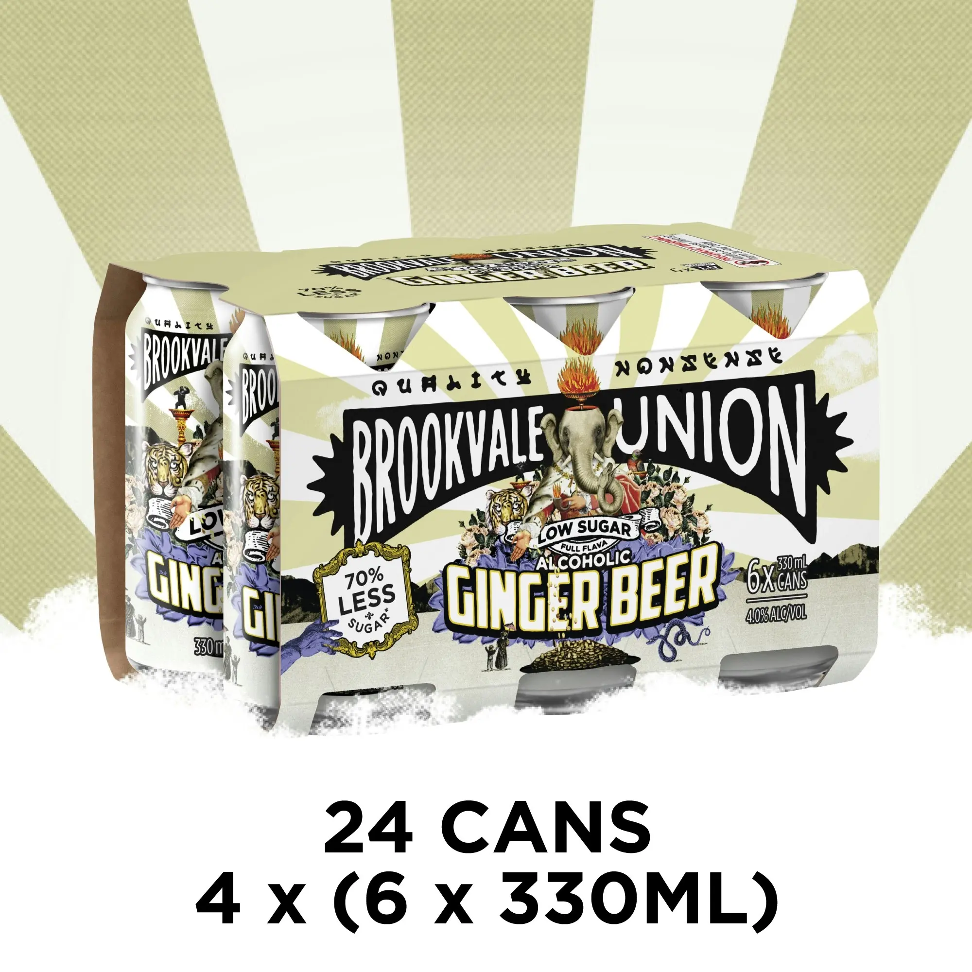 Brookvale Union Low Sugar Alcoholic Ginger Beer, Spicy & Smooth Finish, 4% ABV, 330mL (Case of 24 Cans)