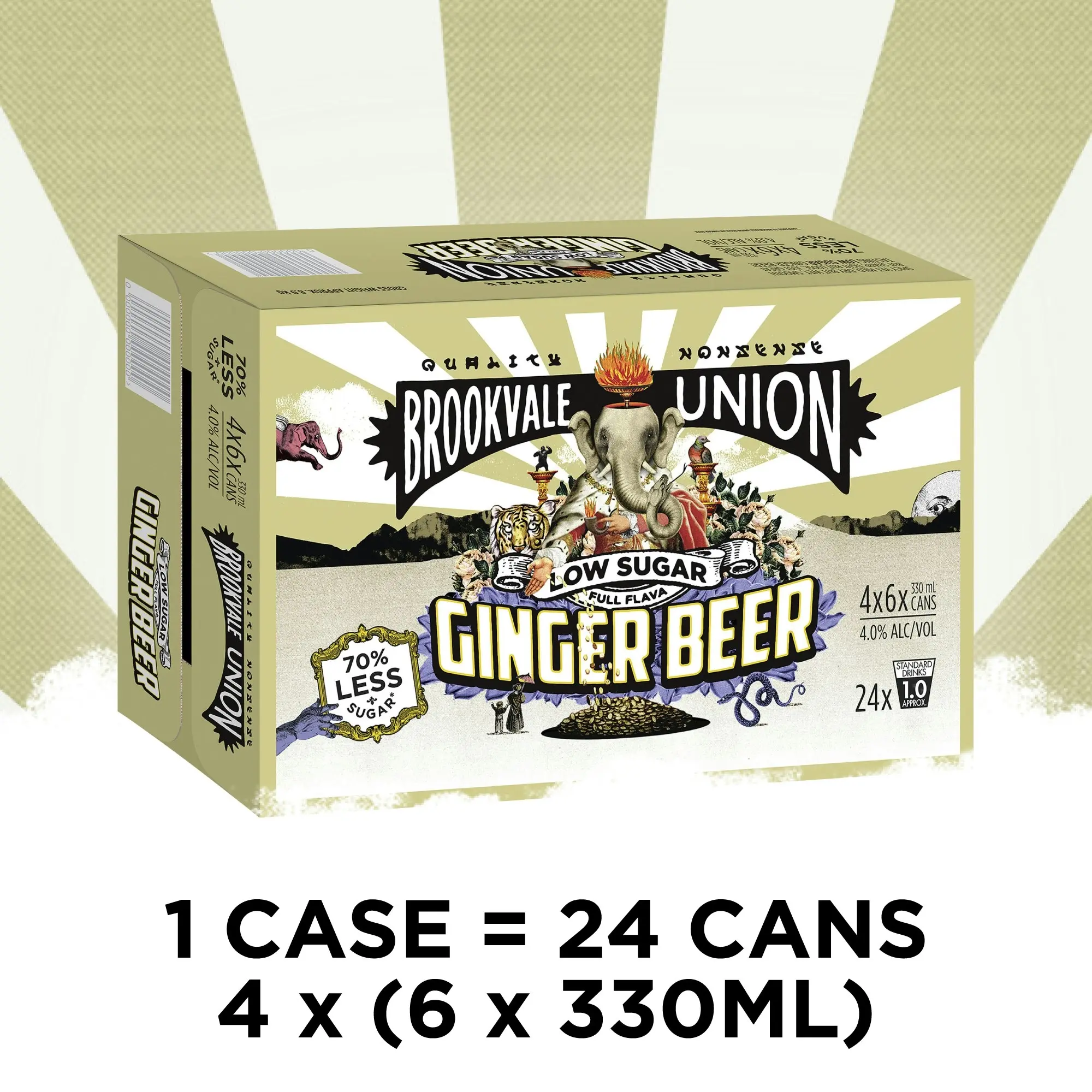 Brookvale Union Low Sugar Alcoholic Ginger Beer, Spicy & Smooth Finish, 4% ABV, 330mL (Case of 24 Cans)