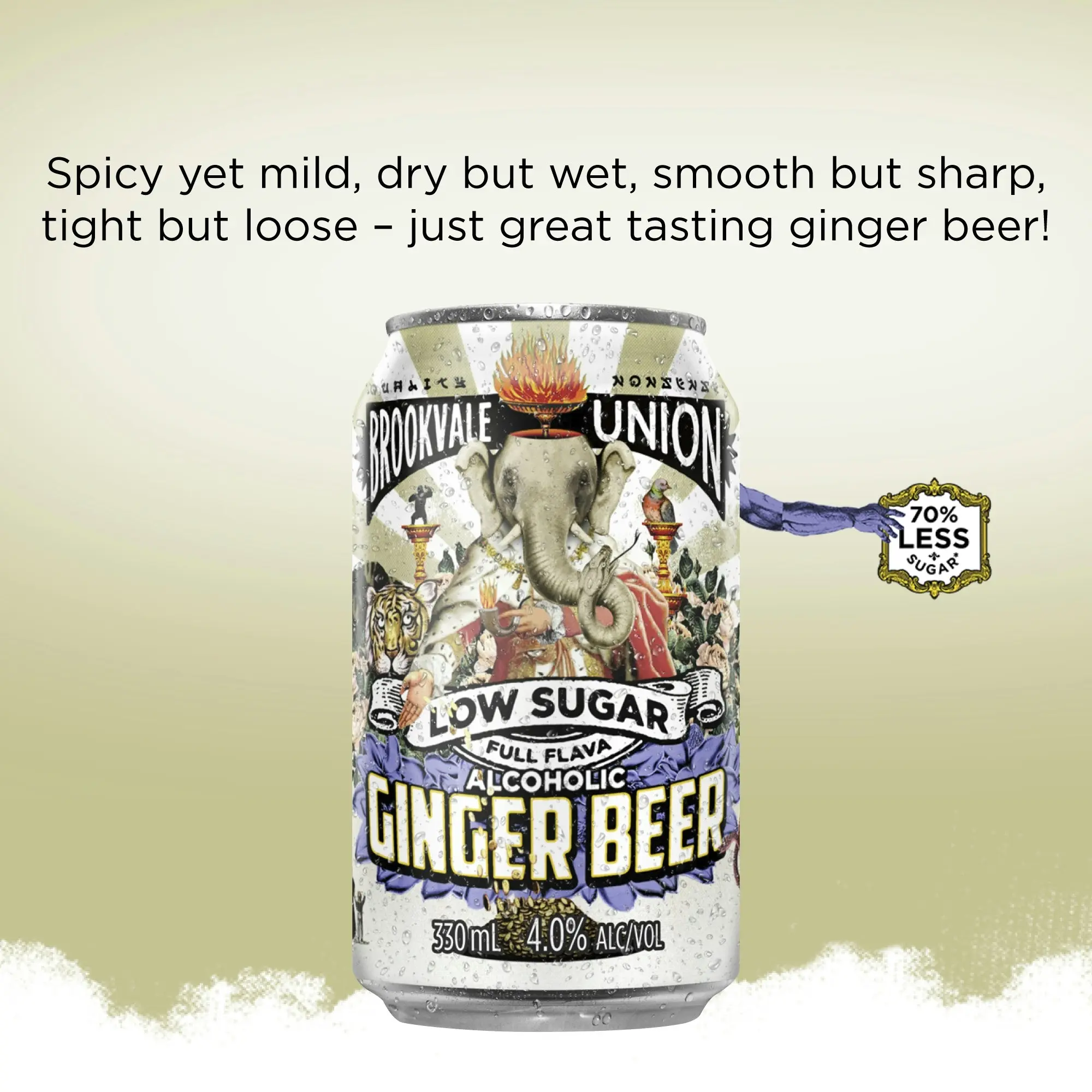 Brookvale Union Low Sugar Alcoholic Ginger Beer, Spicy & Smooth Finish, 4% ABV, 330mL (Case of 24 Cans)