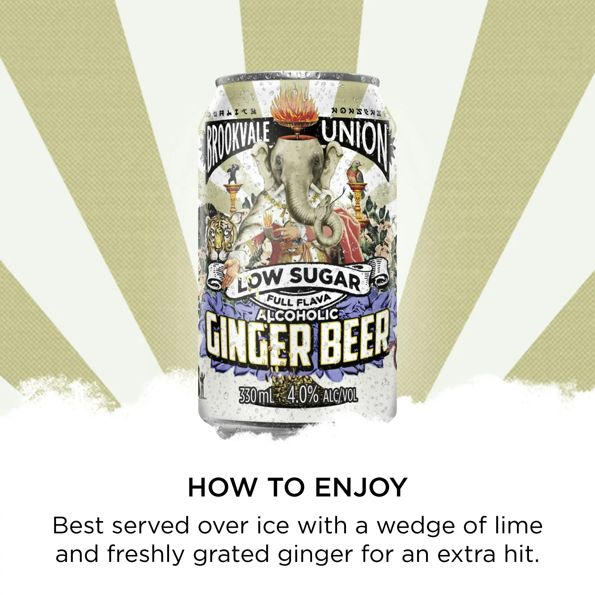 Brookvale Union Low Sugar Alcoholic Ginger Beer, Spicy & Smooth Finish, 4% ABV, 330mL (Case of 24 Cans)