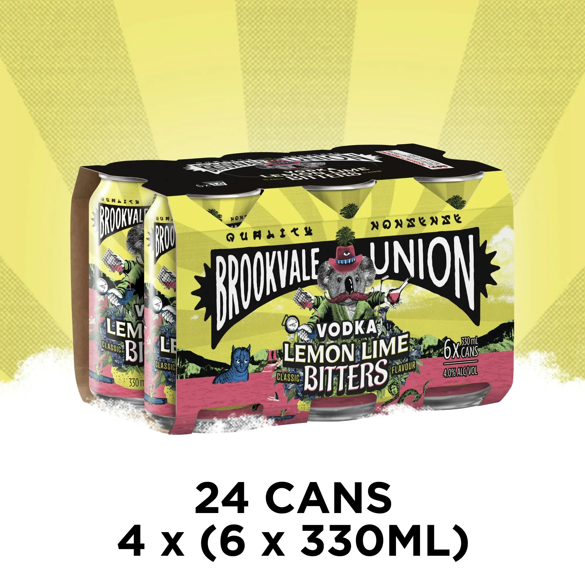 Brookvale Union Vodka Lemon Lime Bitters Mixed Drink, Zesty & Refreshing Finish, 4% ABV, 330mL (Case of 24 Cans)