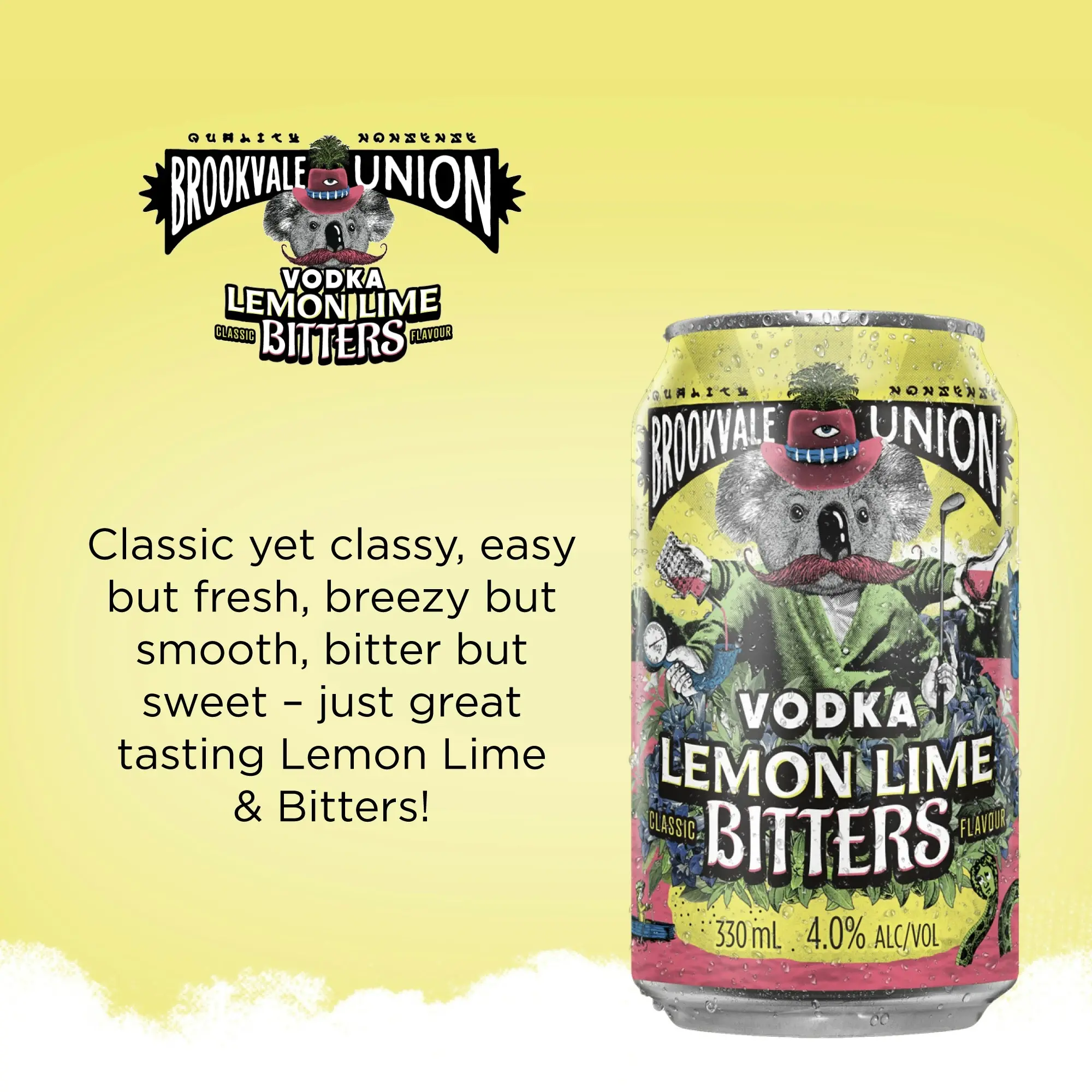 Brookvale Union Vodka Lemon Lime Bitters Mixed Drink, Zesty & Refreshing Finish, 4% ABV, 330mL (Case of 24 Cans)