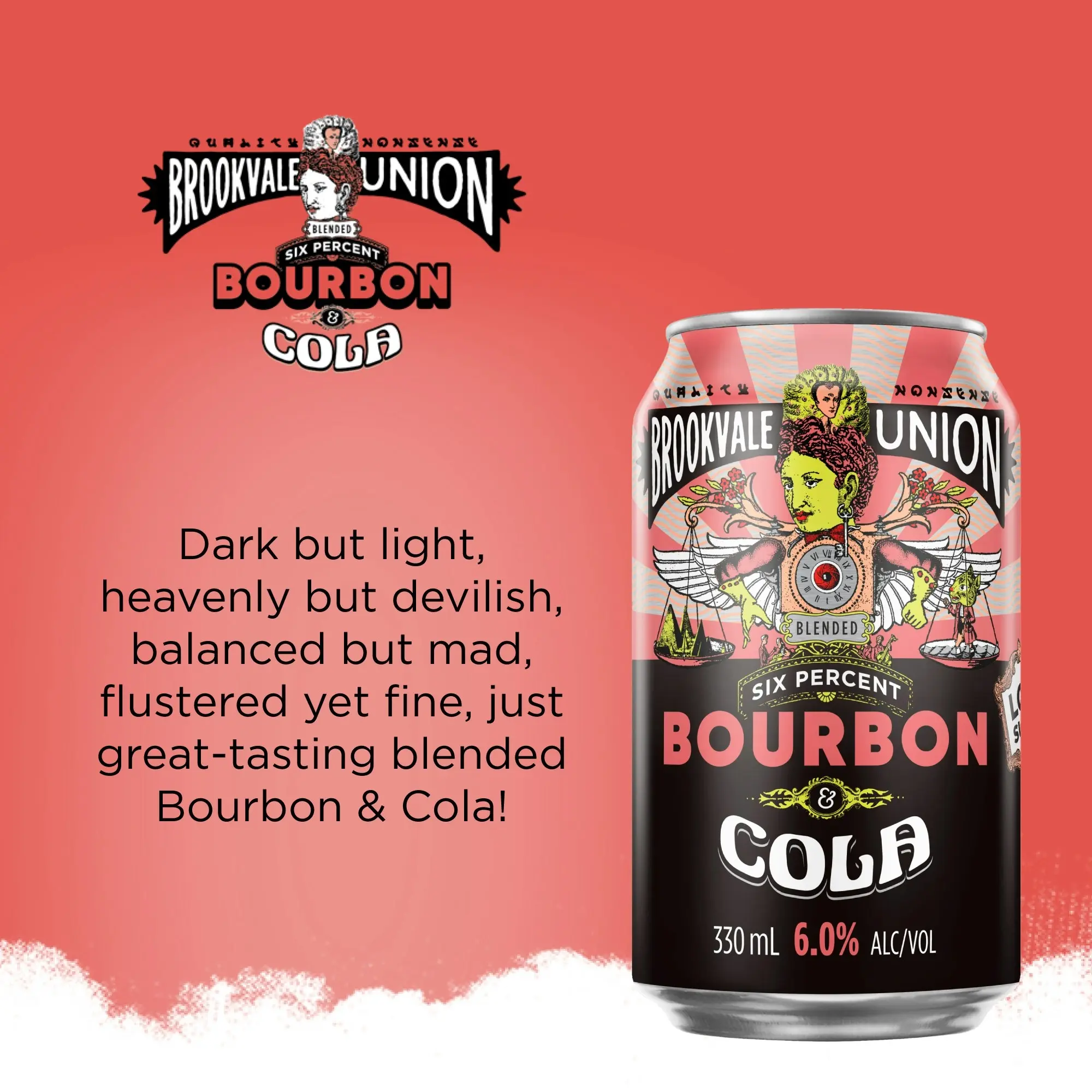 Brookvale Union Bourbon & Cola, Refreshing Pre-Mixed Drink, 6% ABV, 330mL (Case of 24 Cans)