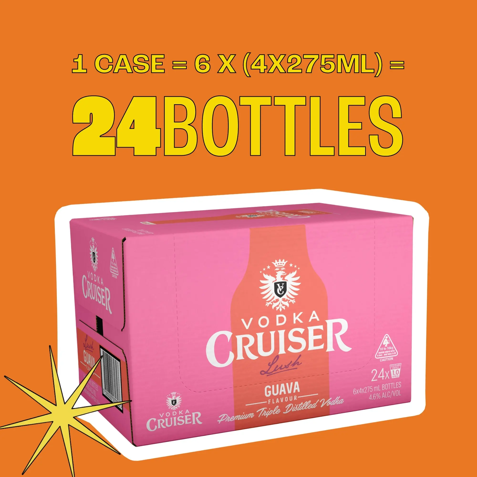 Vodka Cruiser Lush Guava, Refreshing Flavoured Pre-Mixed Vodka Drink, 4.6% ABV, 275mL (Case of 24 Bottles)