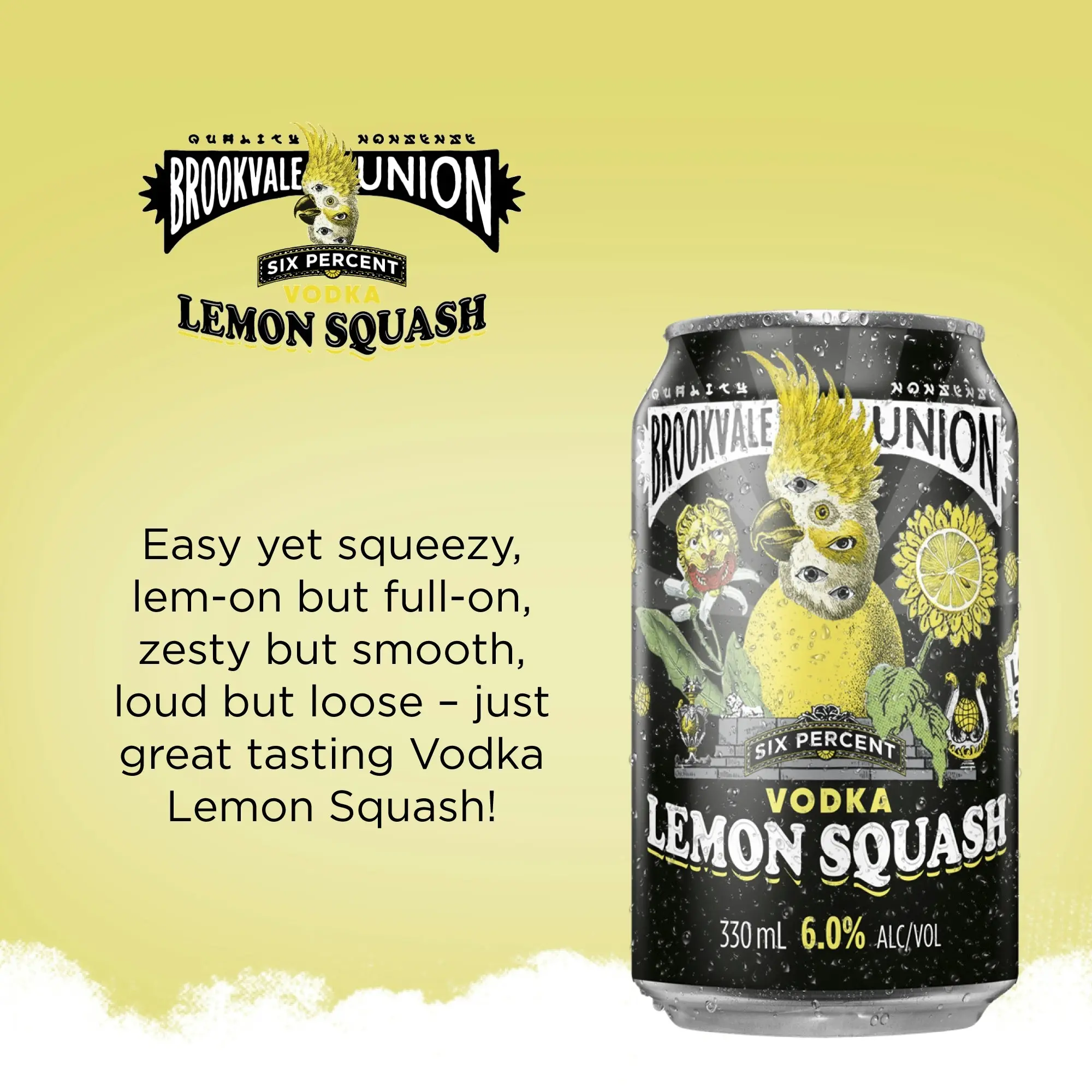 Brookvale Union Vodka Lemon Squash Mixed Drink, Zesty & Refreshing Finish, 6% ABV, 330mL (Case of 24 Cans)