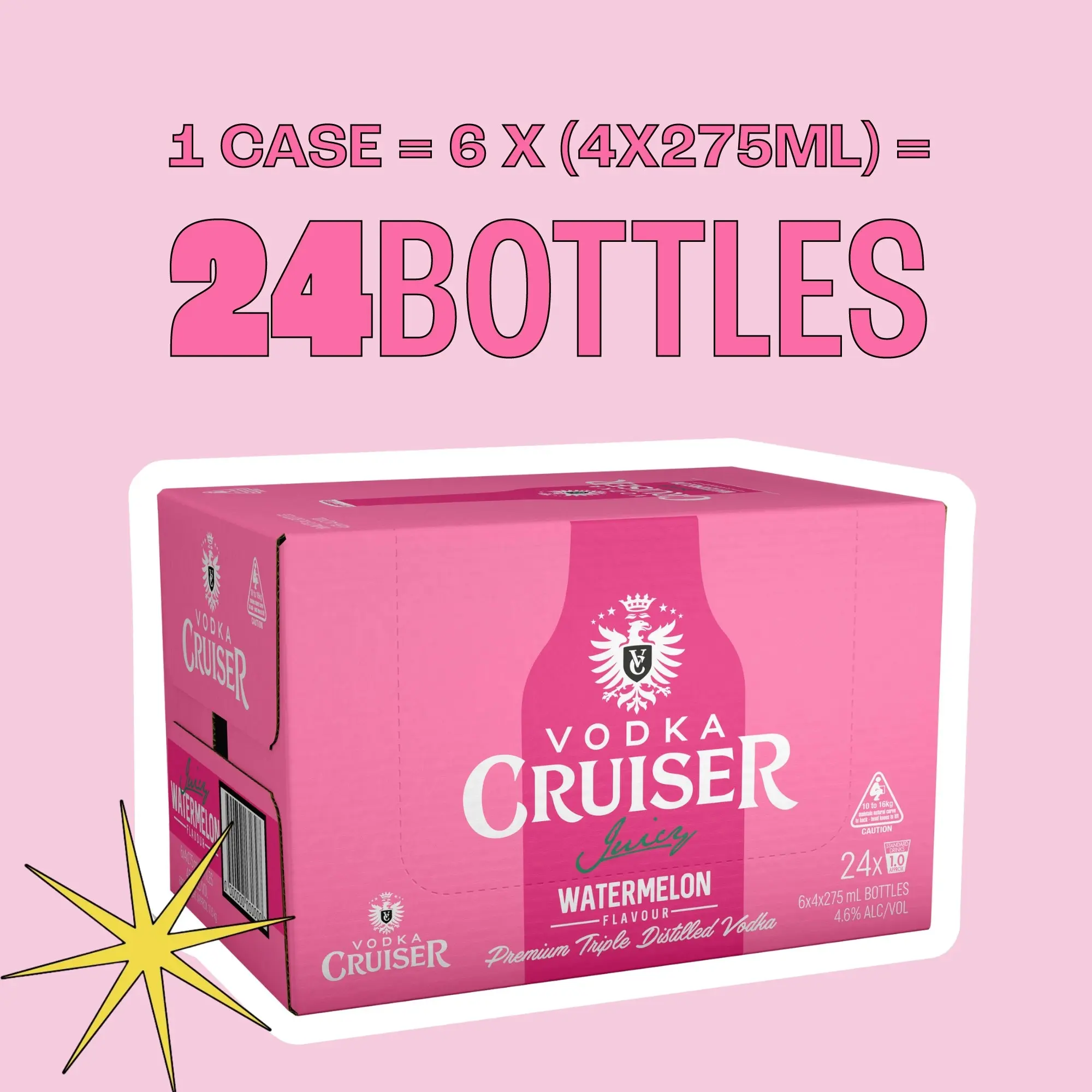 Vodka Cruiser Juicy Watermelon, Refreshing Flavoured Pre-Mixed Vodka Drink, 4.6% ABV, 275mL (Case of 24 Bottles)