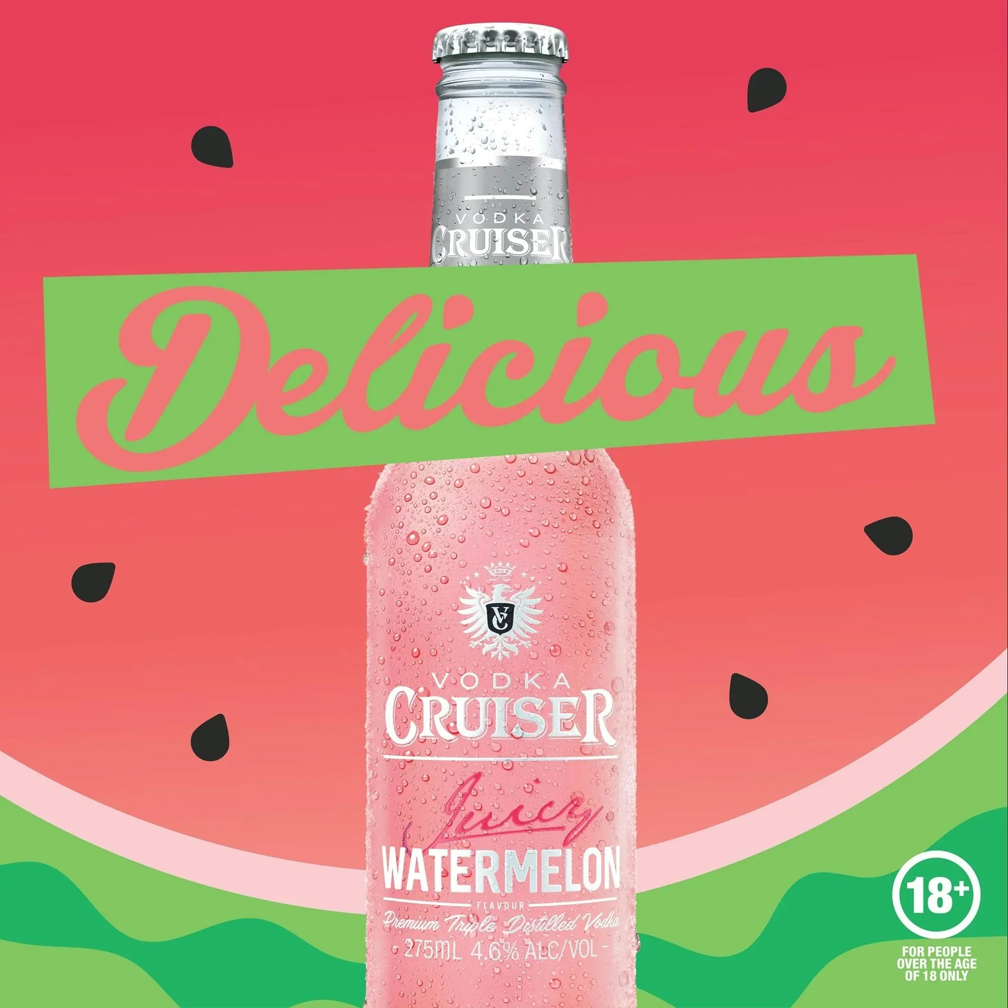 Vodka Cruiser Juicy Watermelon, Refreshing Flavoured Pre-Mixed Vodka Drink, 4.6% ABV, 275mL (Case of 24 Bottles)