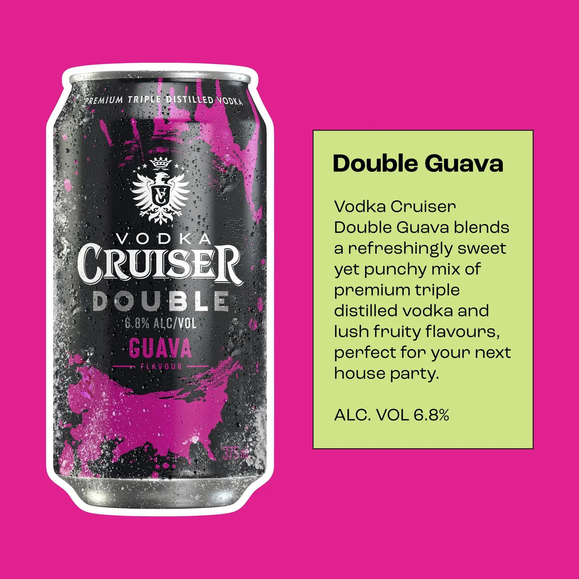 Vodka Cruiser Double Guava, Refreshing Flavoured Pre-Mixed Vodka Drink, 6.8% ABV, 375mL (Case of 24 Cans)