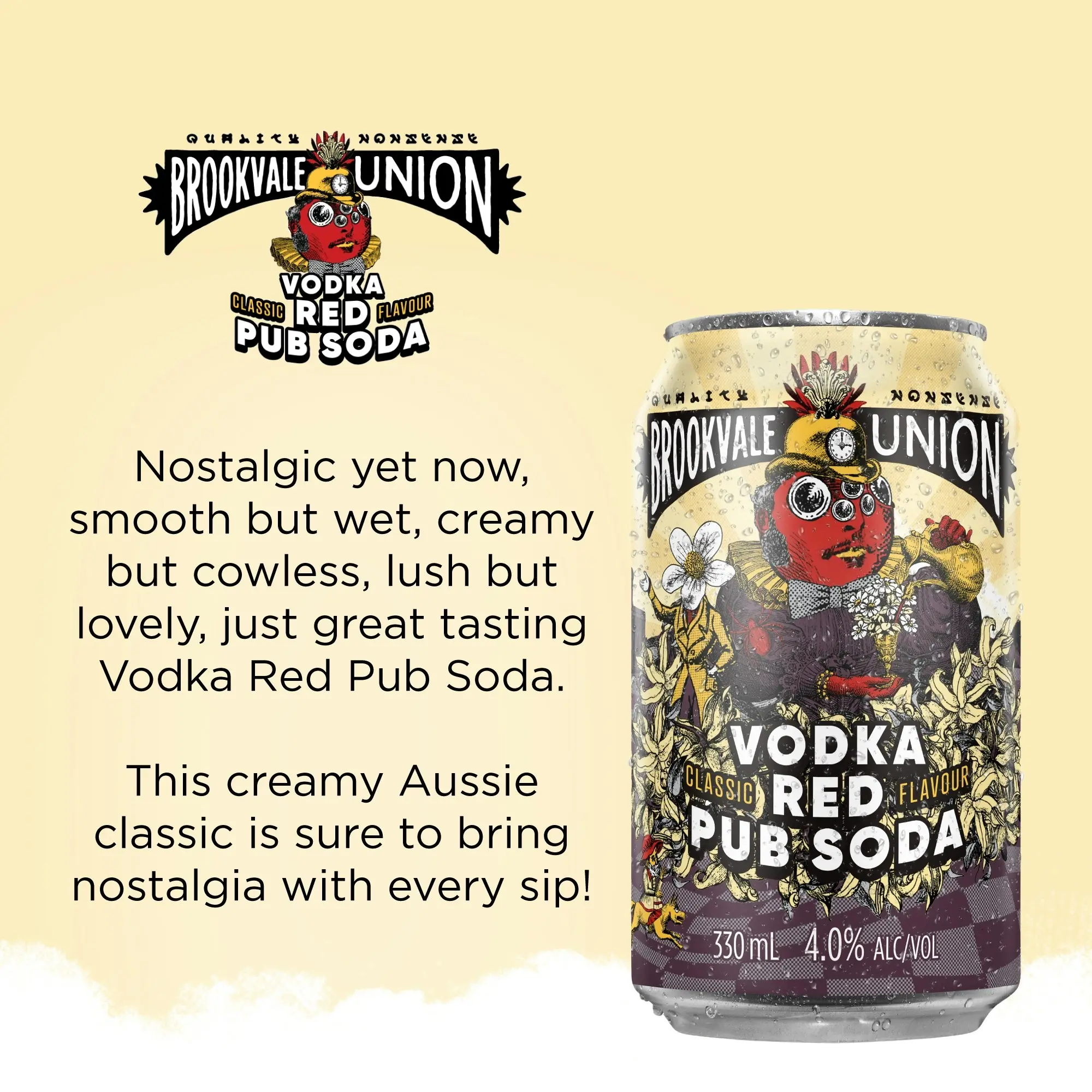 Brookvale Union Vodka Red Pub Soda Mixed Drink, Crisp & Refreshing, 4% ABV, 330mL (Case of 24 Cans)