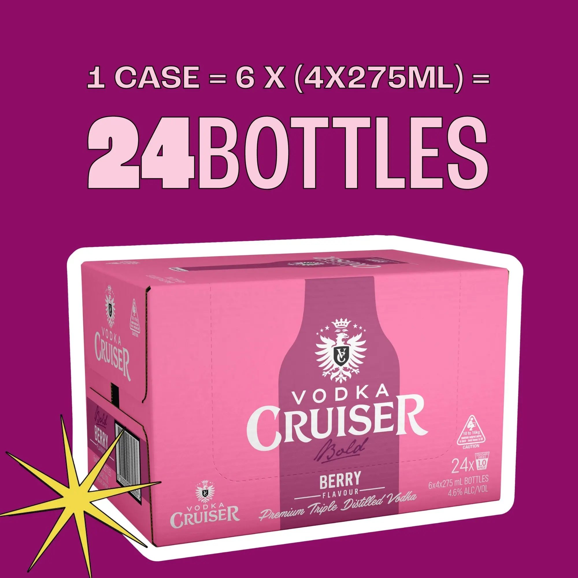 Vodka Cruiser Bold Berry, Refreshing Flavoured Pre-Mixed Vodka Drink, 4.6% ABV, 275mL (Case of 24 Bottles)