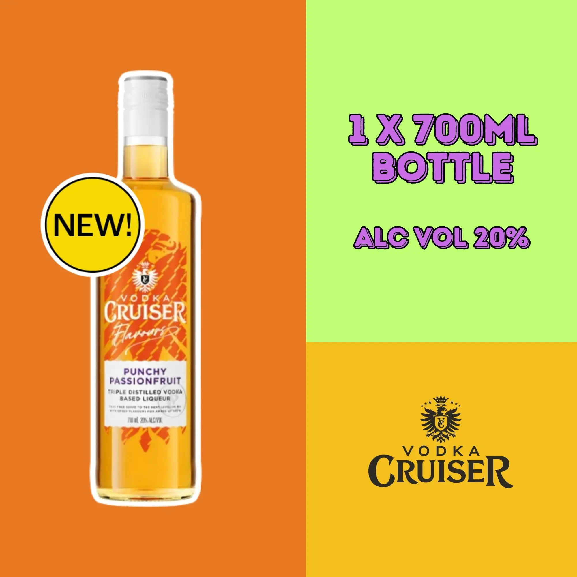 Vodka Cruiser Flavours Punchy Passionfruit, Vodka Based Liqueur, 20% ABV, 700mL Bottle