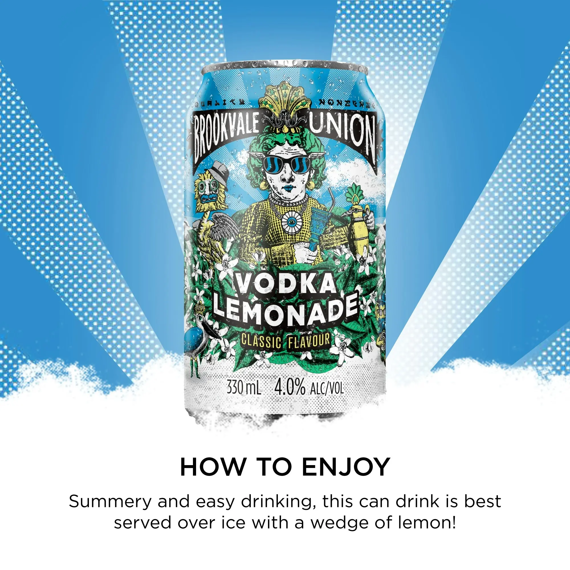 Brookvale Union Vodka Lemonade, Refreshing Pre-Mixed Drink, 4% ABV, 330mL (Case of 24 Cans)