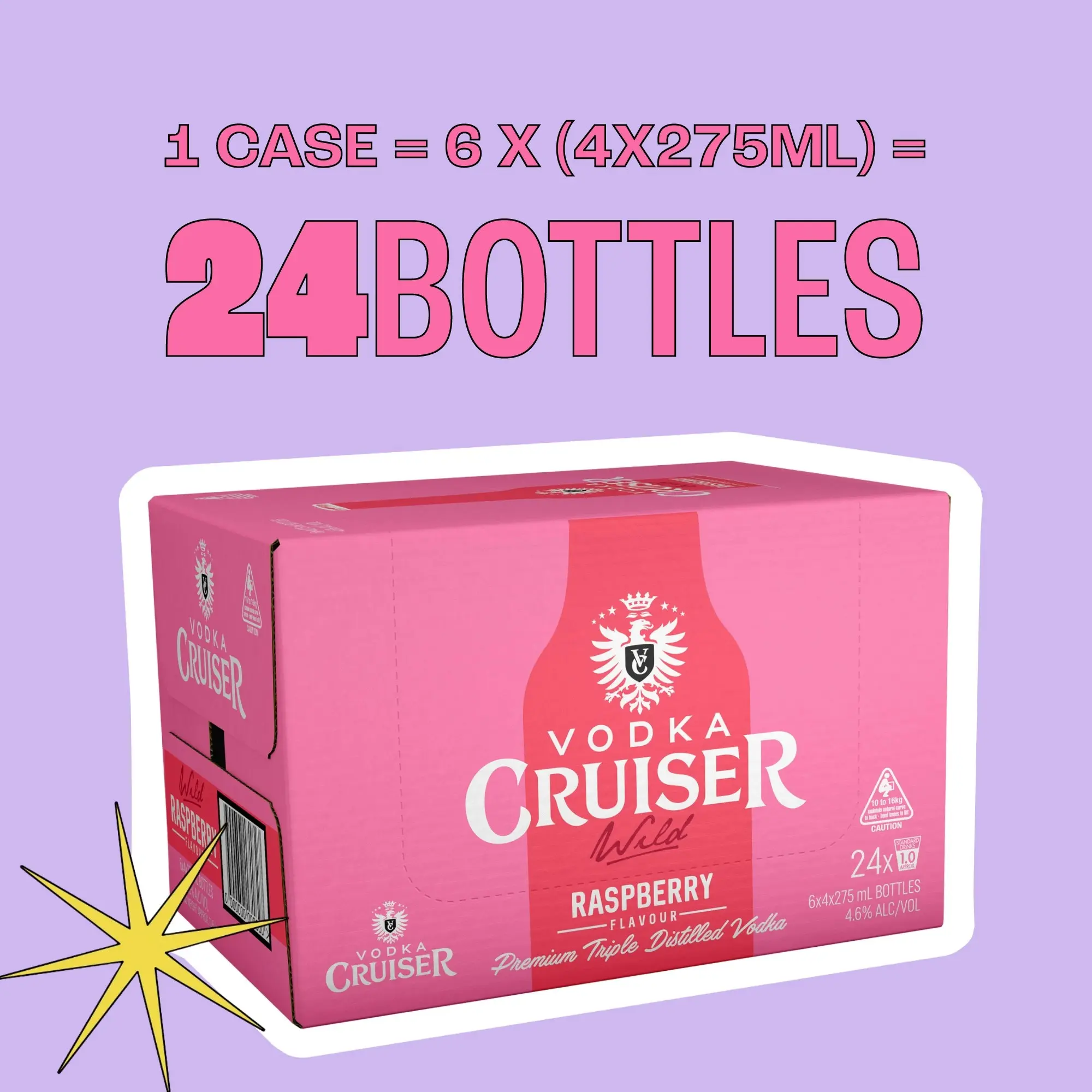 Vodka Cruiser Wild Raspberry, Refreshing Flavoured Pre-Mixed Vodka Drink, 4.6% ABV, 275mL (Case of 24 Bottles)