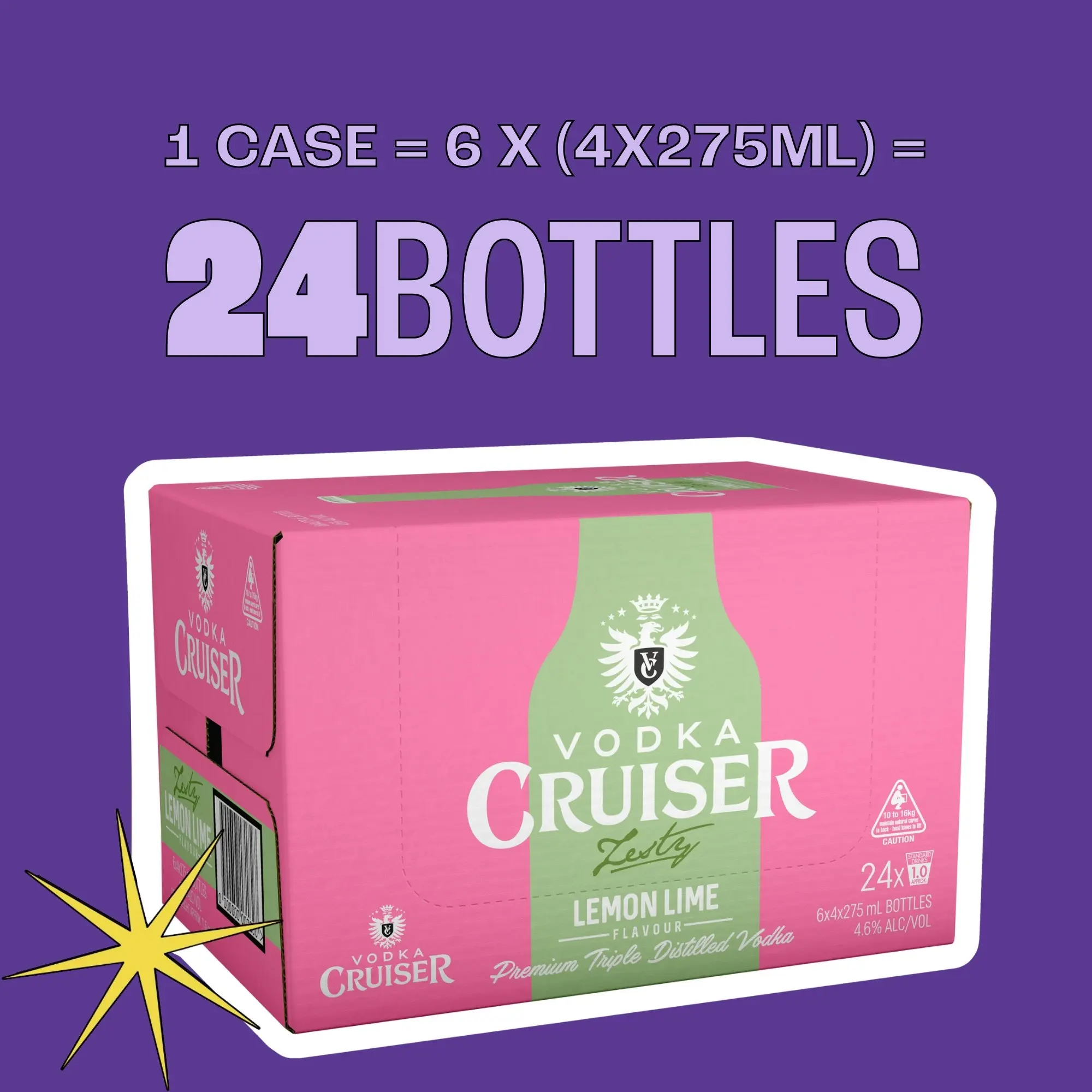 Vodka Cruiser Zesty Lemon/Lime, Refreshing Flavoured Pre-Mixed Vodka Drink, 4.6% ABV, 275mL (Case of 24 Bottles